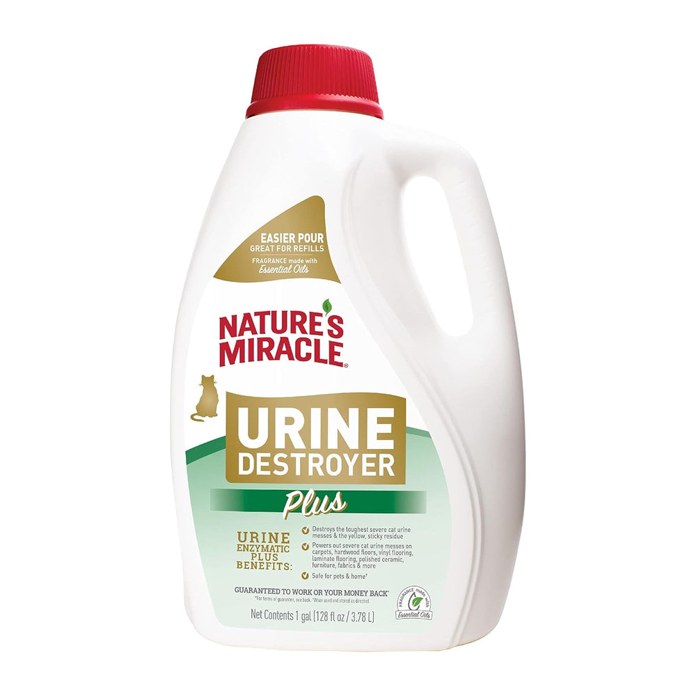 Nature's Miracle frontal de botella 1 gal mostrando etiquetado y utilidad