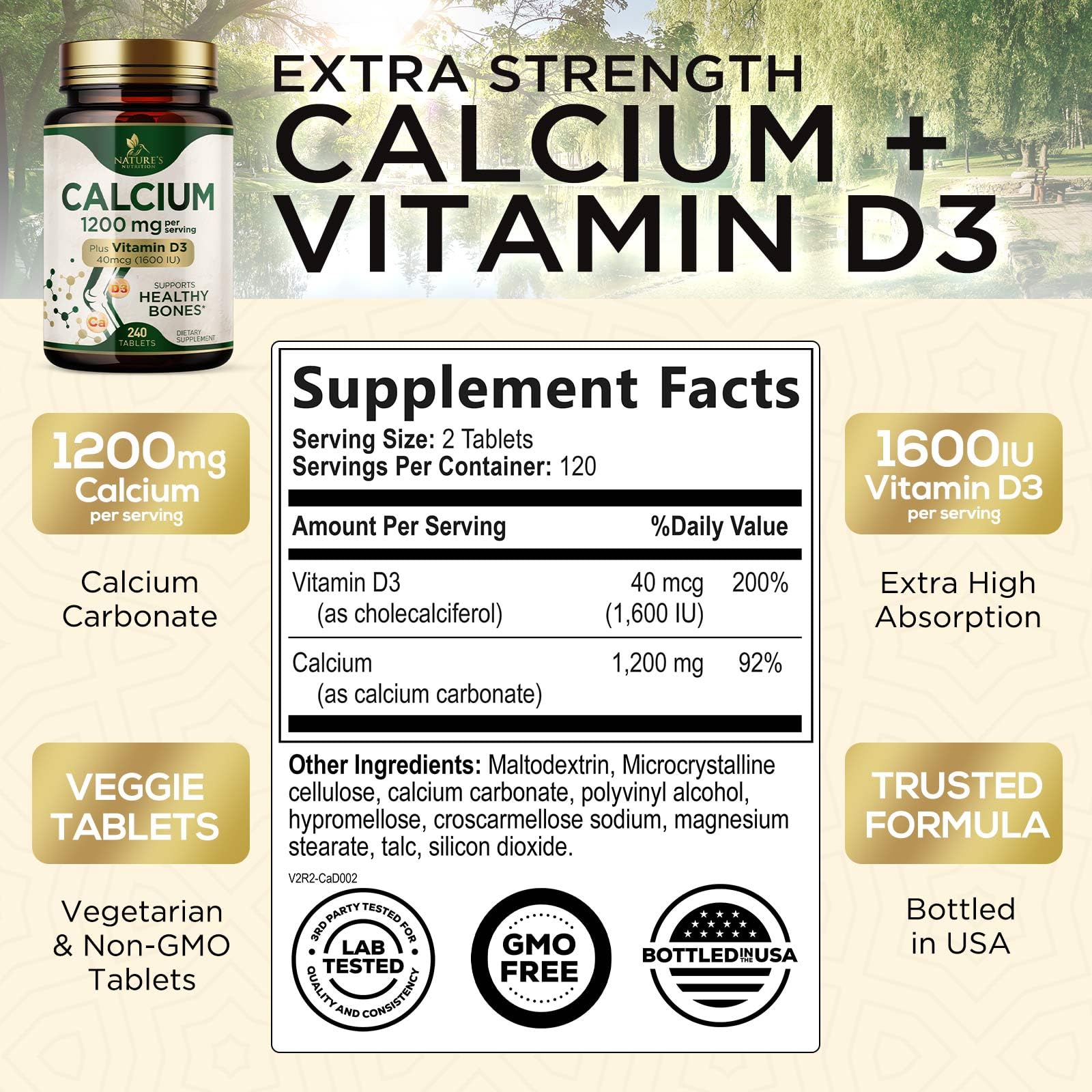 Nature's Nutrition tabletas en primer plano que ilustran dosis concentrada