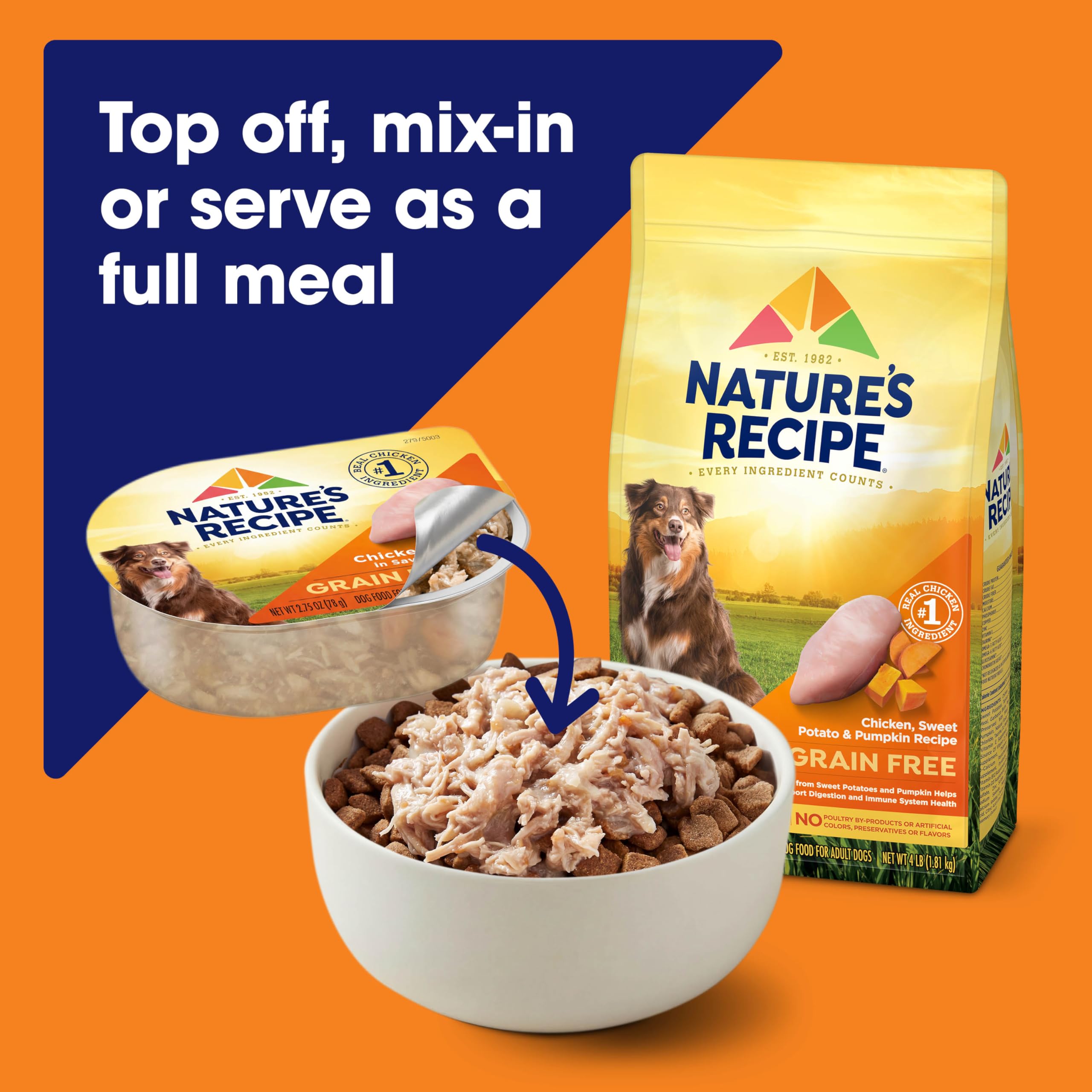 Nature's Recipe taza junto a mano para comparar tamaño, porciones individuales prácticas