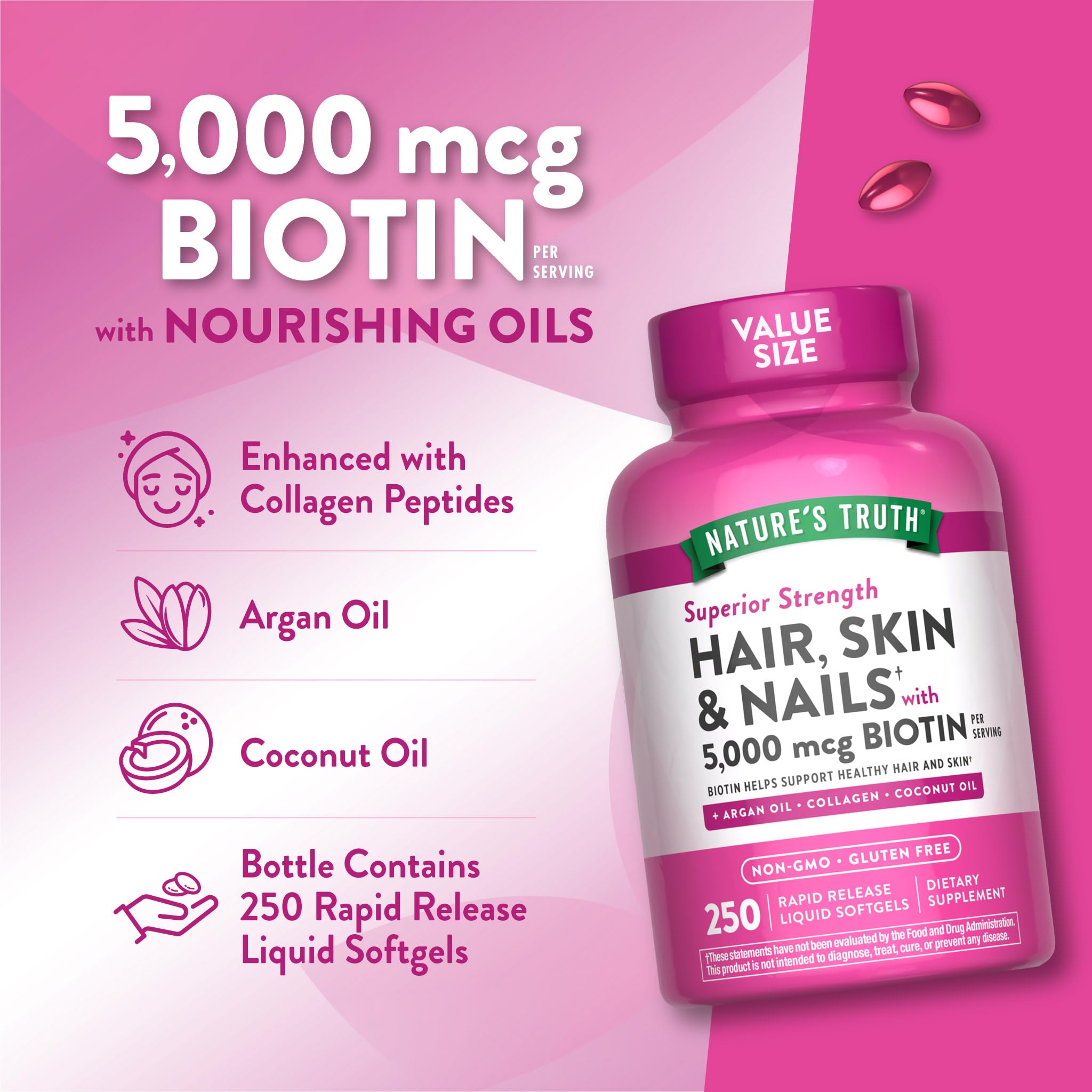 Nature's Truth softgel en mano ilustra tamaño y conveniencia de uso