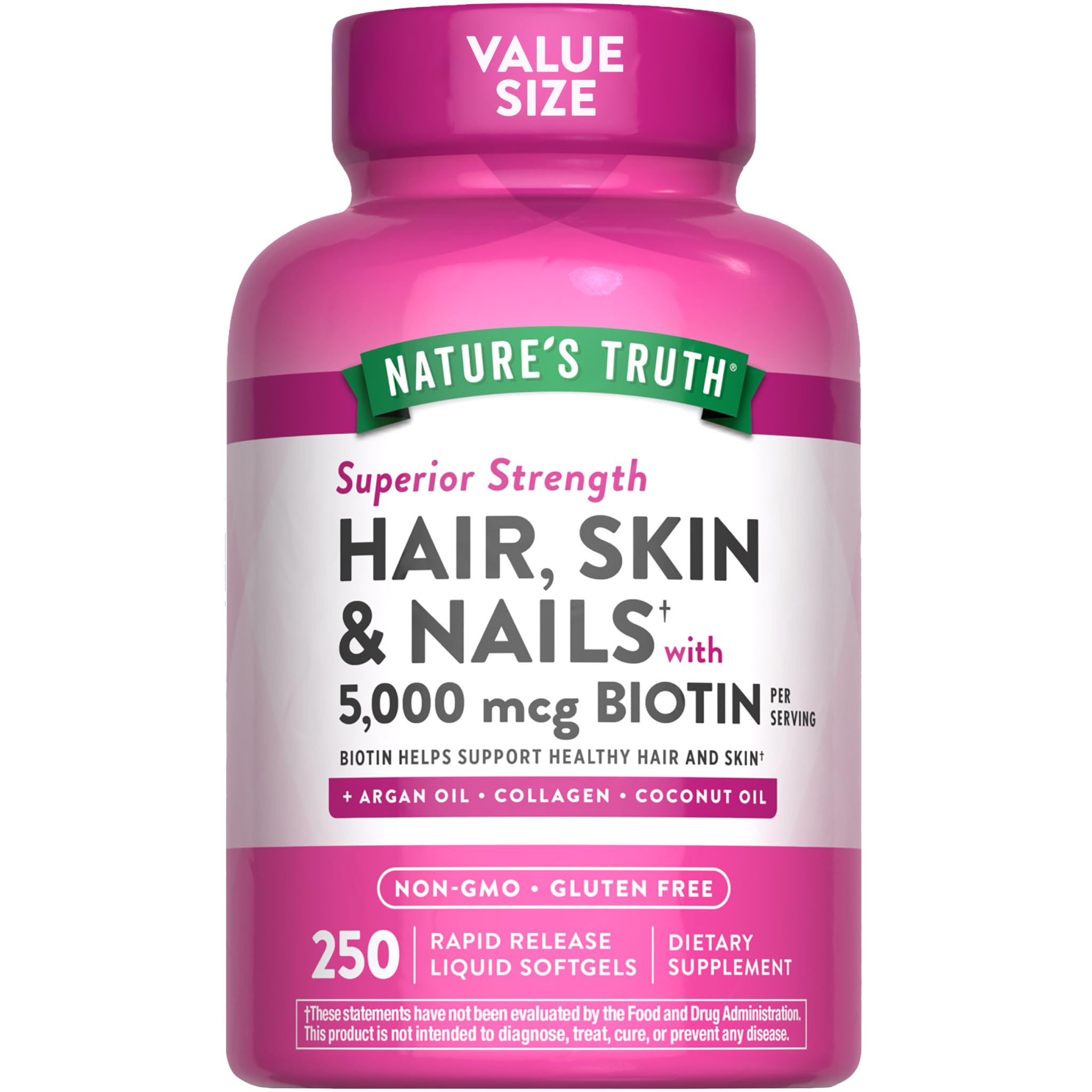 Nature's Truth frente del empaque muestra 250 softgels y beneficios clave