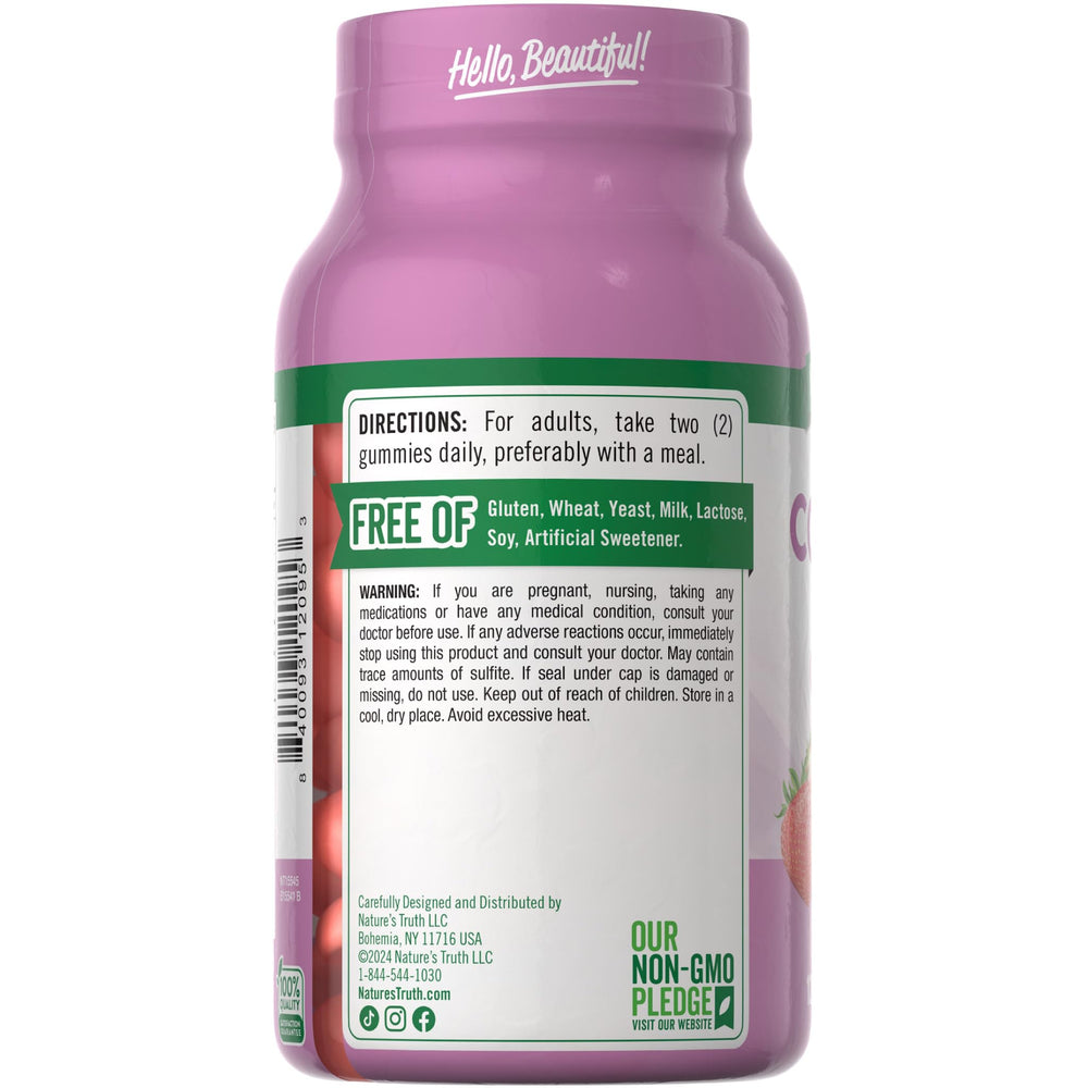 Nature's Truth gomitas sobre tocador junto a productos de belleza para rutina diaria