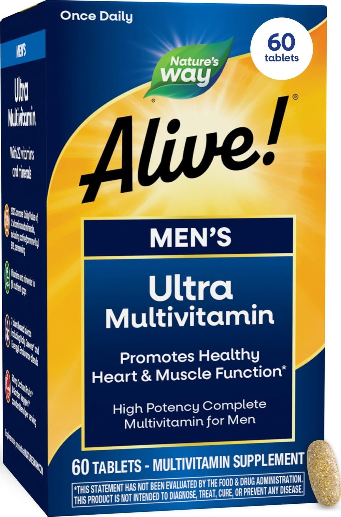 Nature's Way envase frontal del multivitamínico Alive! hombres mostrando diseño y beneficio práctico