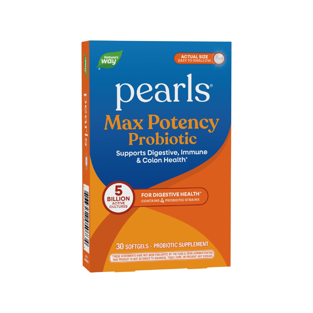 Nature's Way envase frontal de Probiotic Pearls mostrando 30 softgels y beneficios