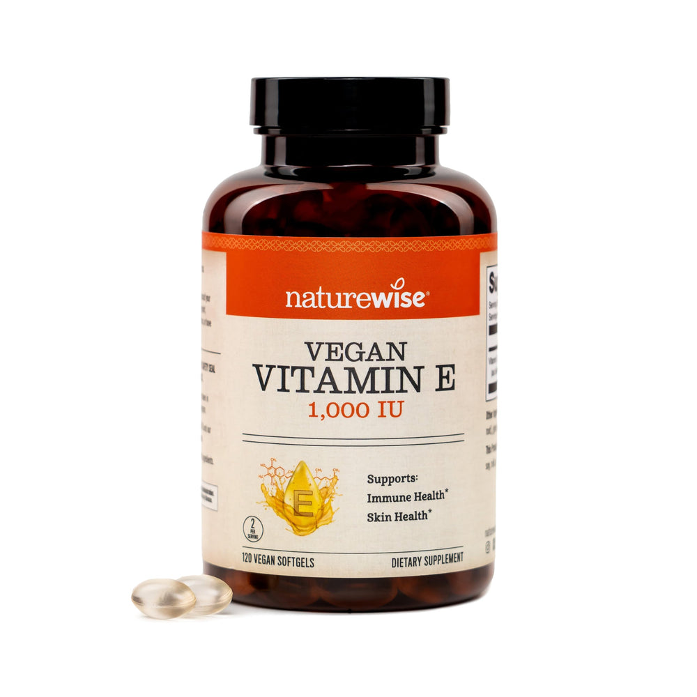 NatureWise envase frontal mostrando vitamina E vegana y beneficios claros