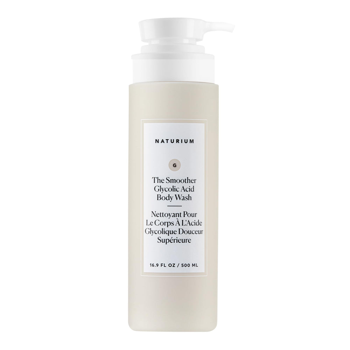 Naturium frasco frontal mostrando etiqueta clara y beneficio exfoliante