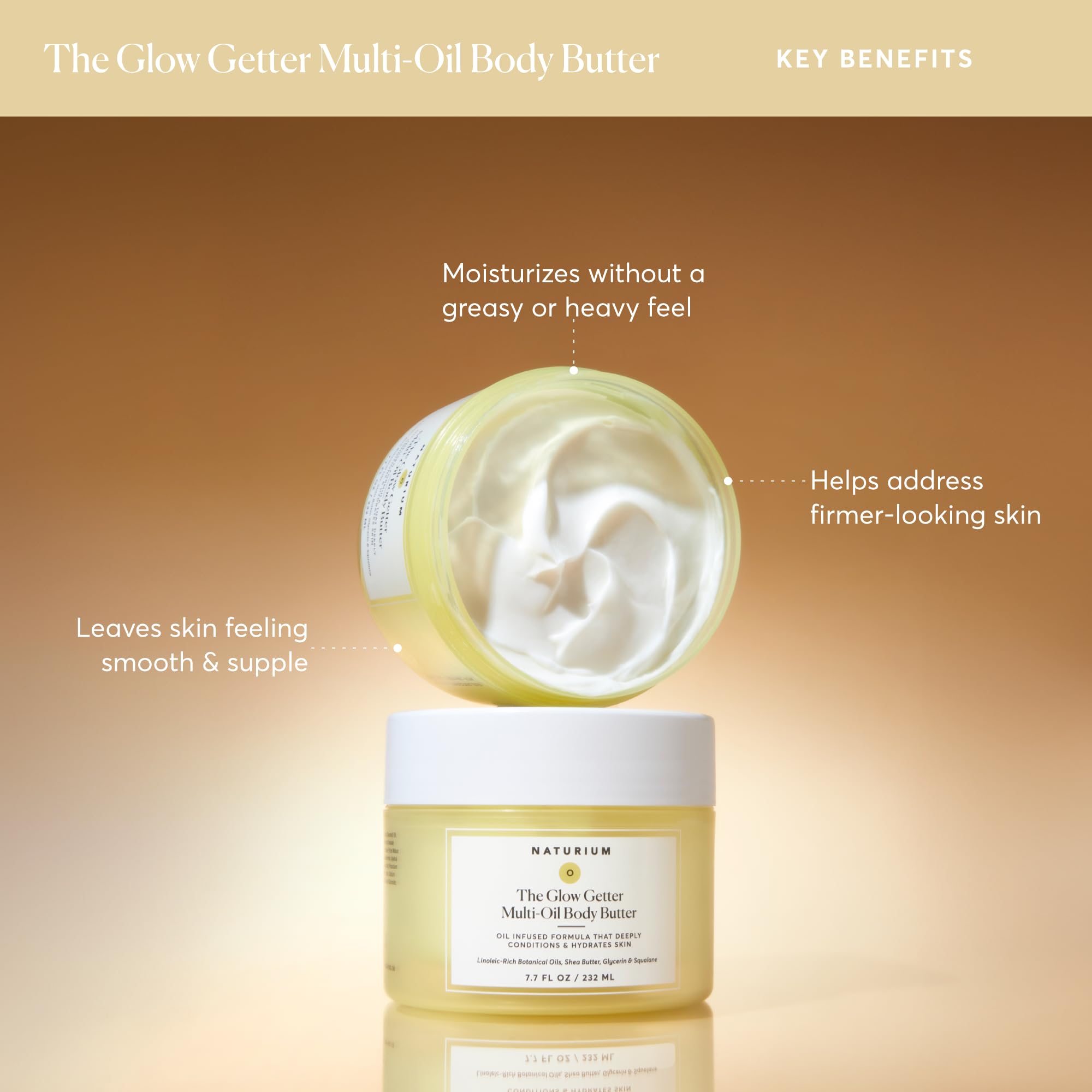 Naturium mano aplicando manteca en brazo, hidratación inmediata