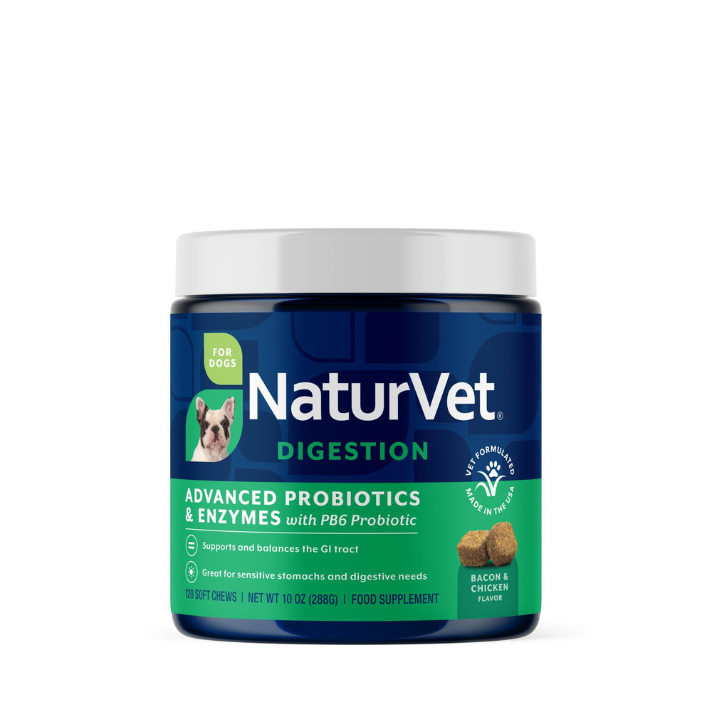 NaturVet envase frontal de 120 masticables beneficio digestivo visible