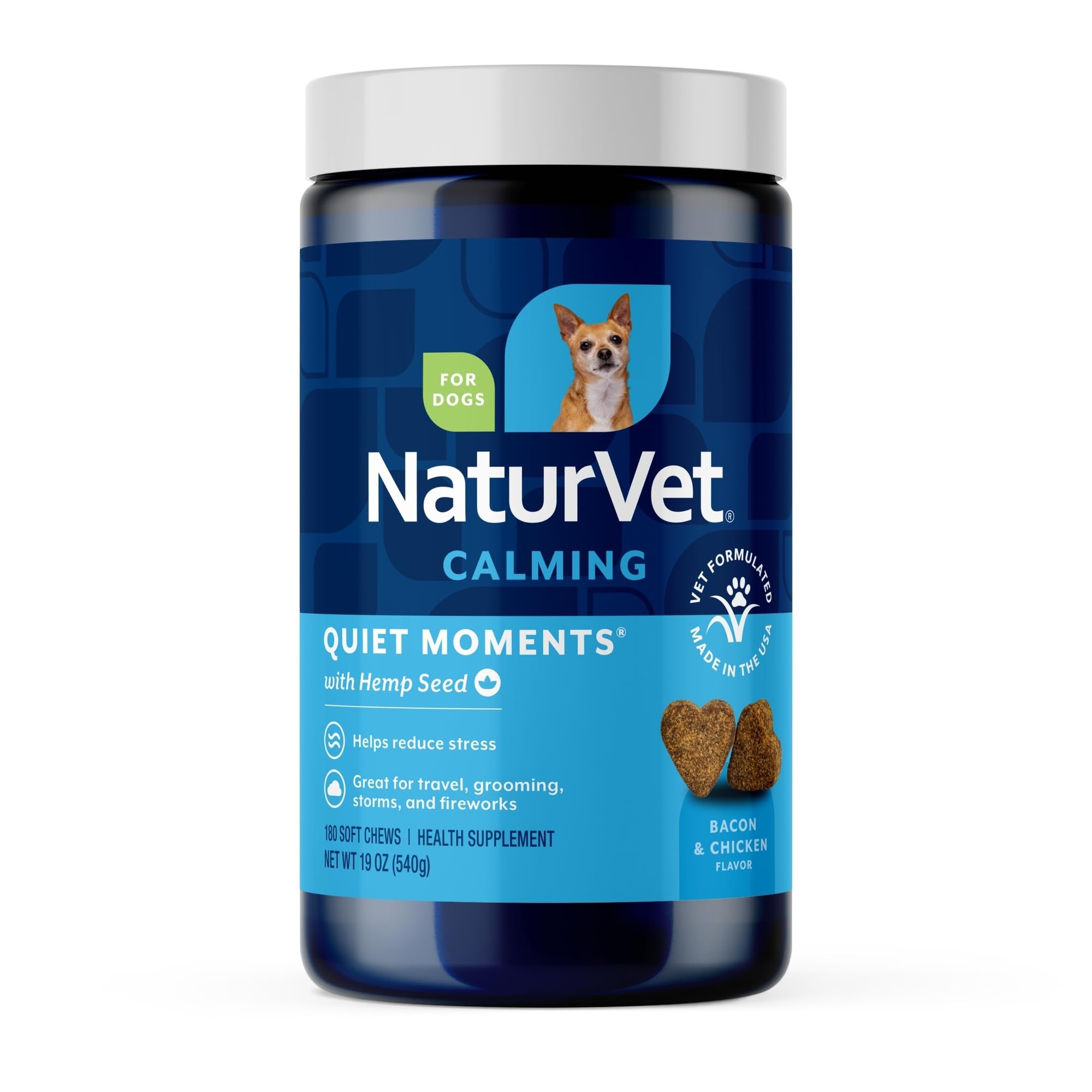 NaturVet frasco frontal con 180 masticables calmantes ofrece almacenamiento práctico