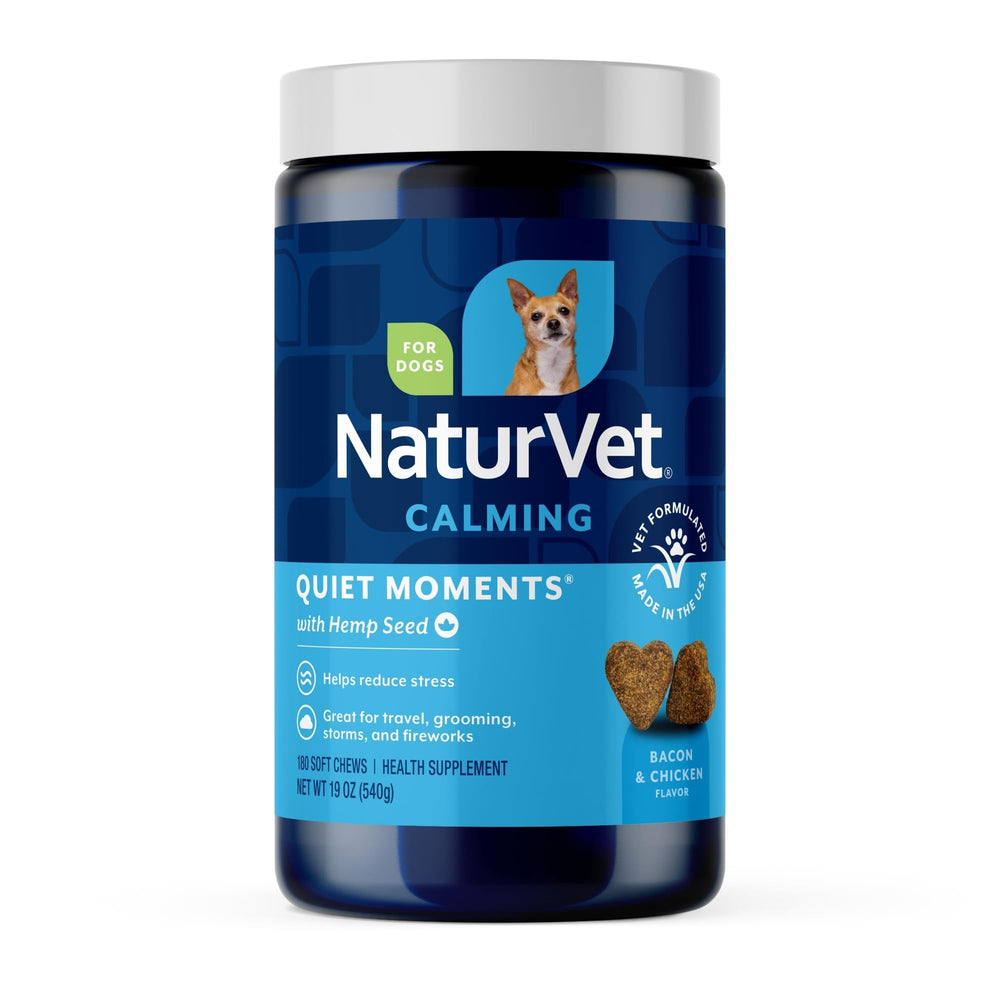 NaturVet frasco frontal con 180 masticables calmantes ofrece almacenamiento práctico