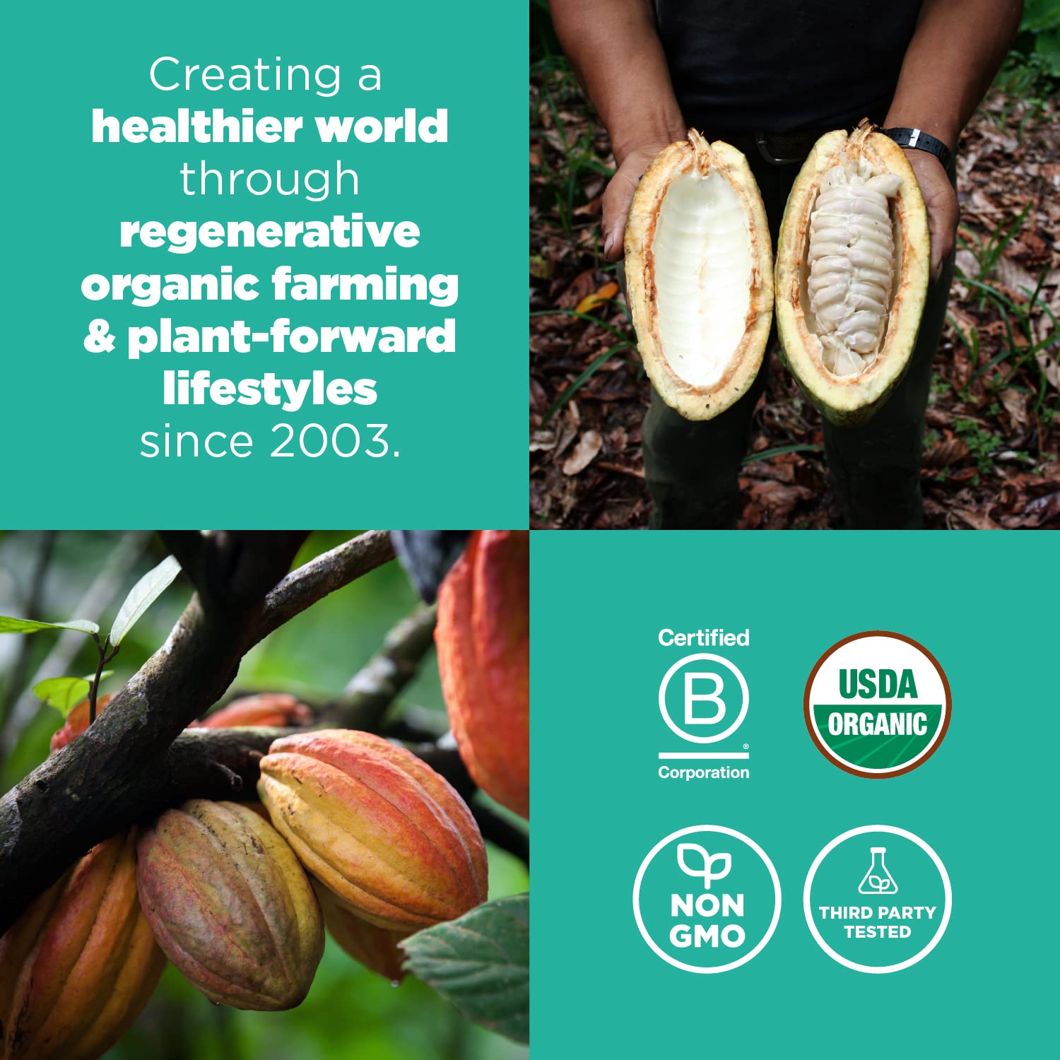 Navitas Organics etiqueta con certificaciones orgánico y comercio justo visibles
