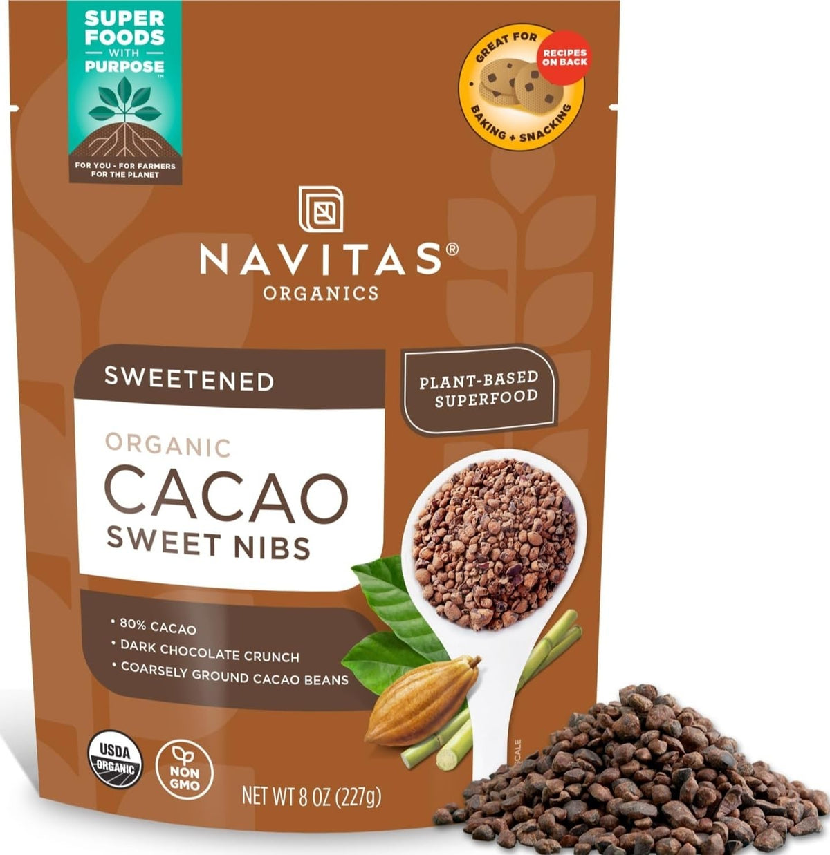 Navitas Organics paquete frontal mostrando 8 oz y crujiente cacao para snacking