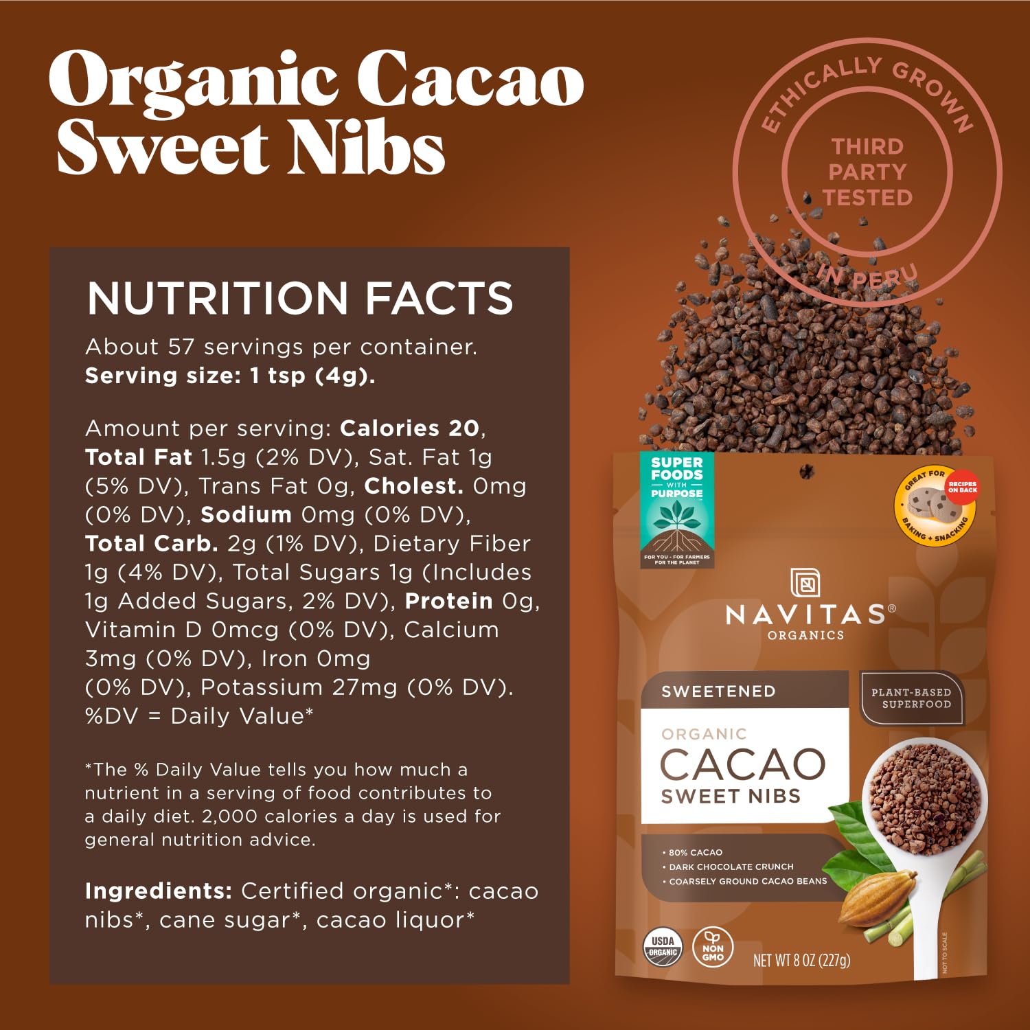 Navitas Organics primer plano de nibs crujientes con textura y sabor intenso