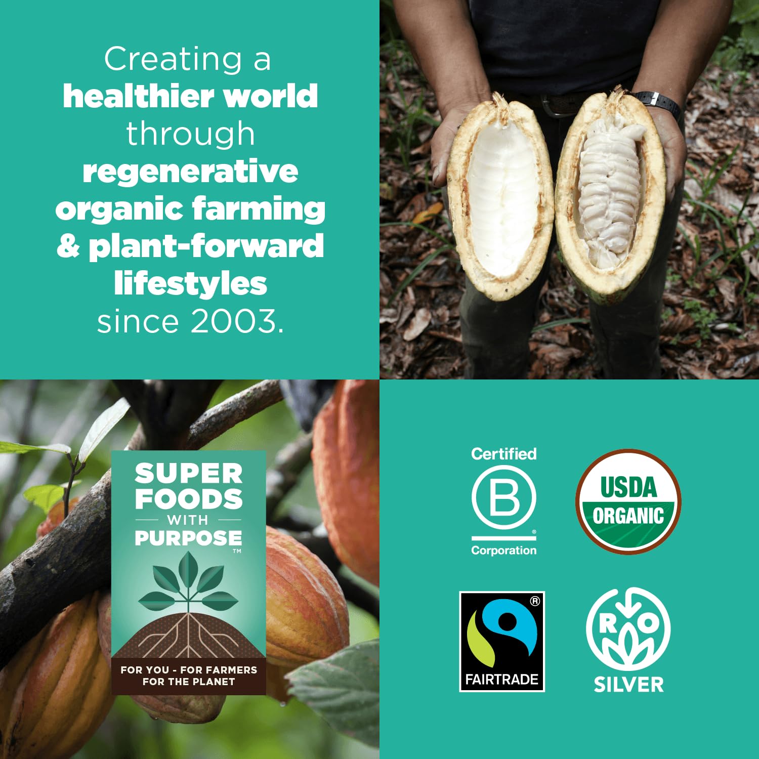 Navitas Organics etiqueta con sellos Fairtrade y Regenerative Organic Certified