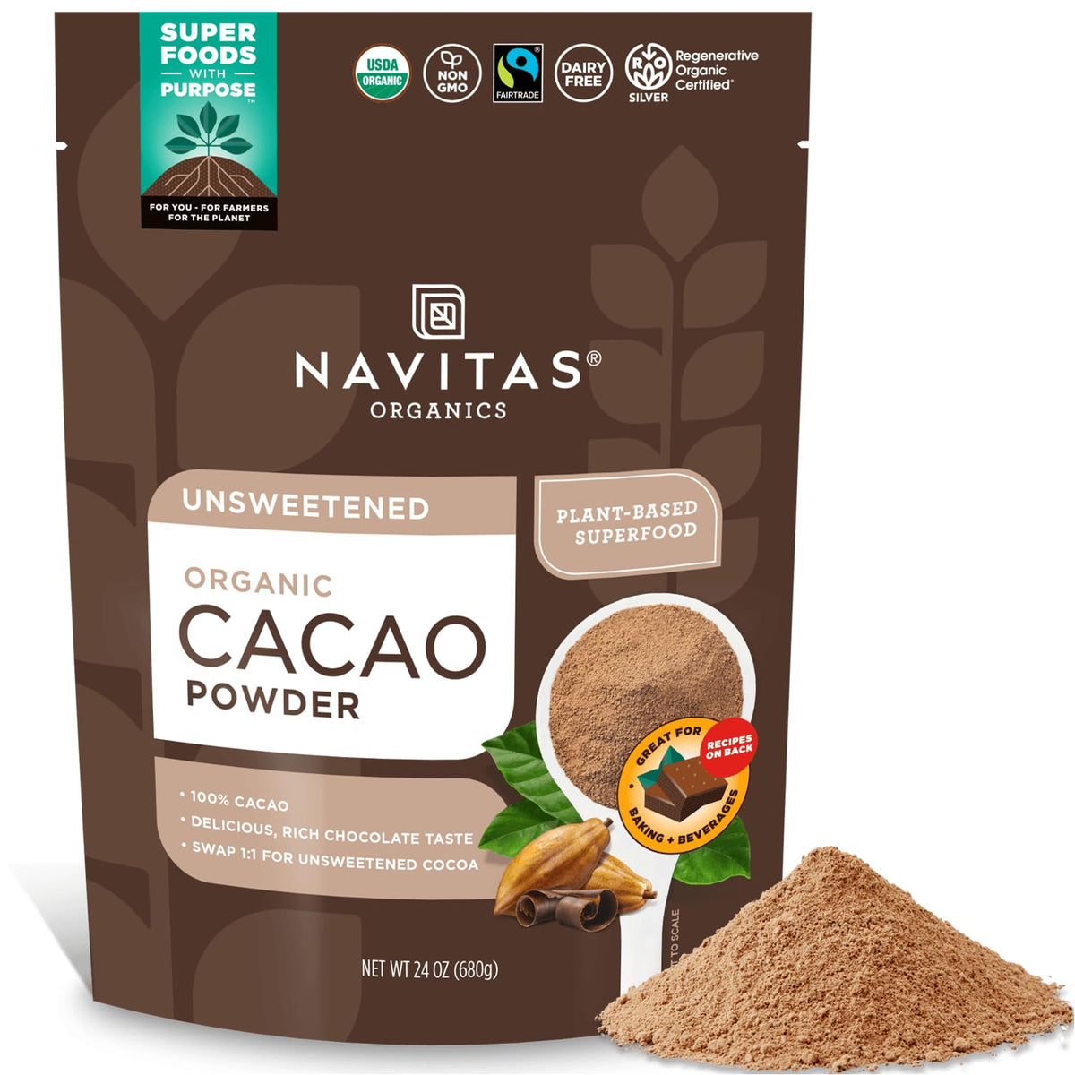 Navitas Organics bolsa frontal mostrando marca y beneficio de cacao crudo