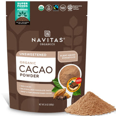 Navitas Organics bolsa frontal mostrando marca y beneficio de cacao crudo
