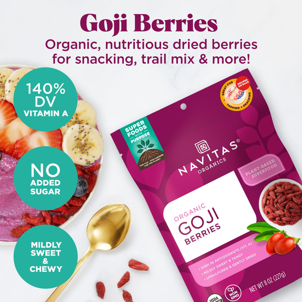 Navitas Organics detalle de textura de bayas goji mostrando color y aspecto natural