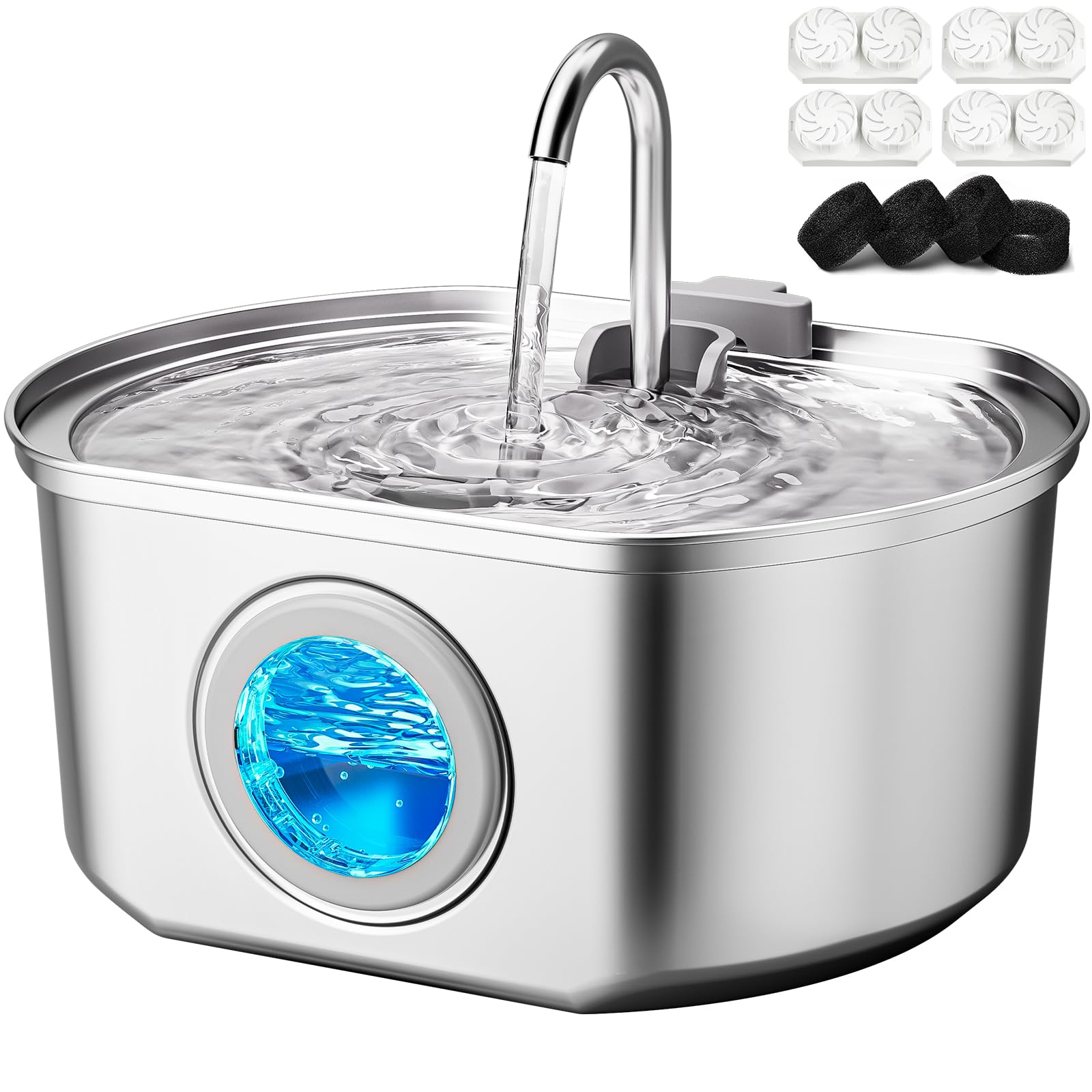 Neareal fuente frontal de acero mostrando diseño y capacidad