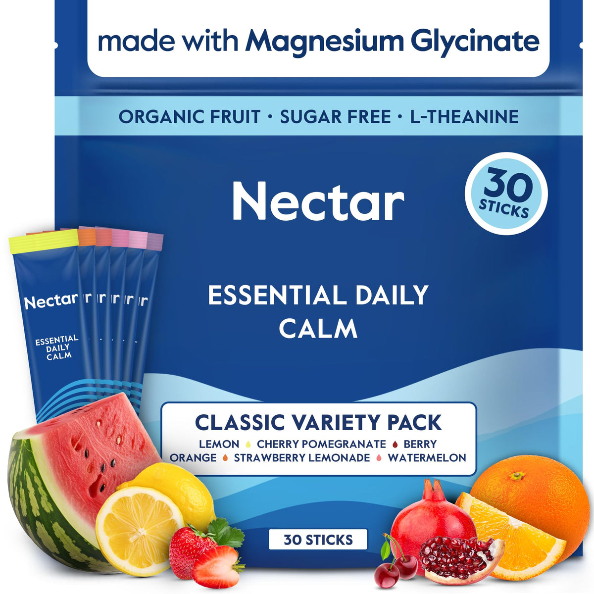Nectar Calm frente del empaque mostrando 30 sobres y beneficios relajantes
