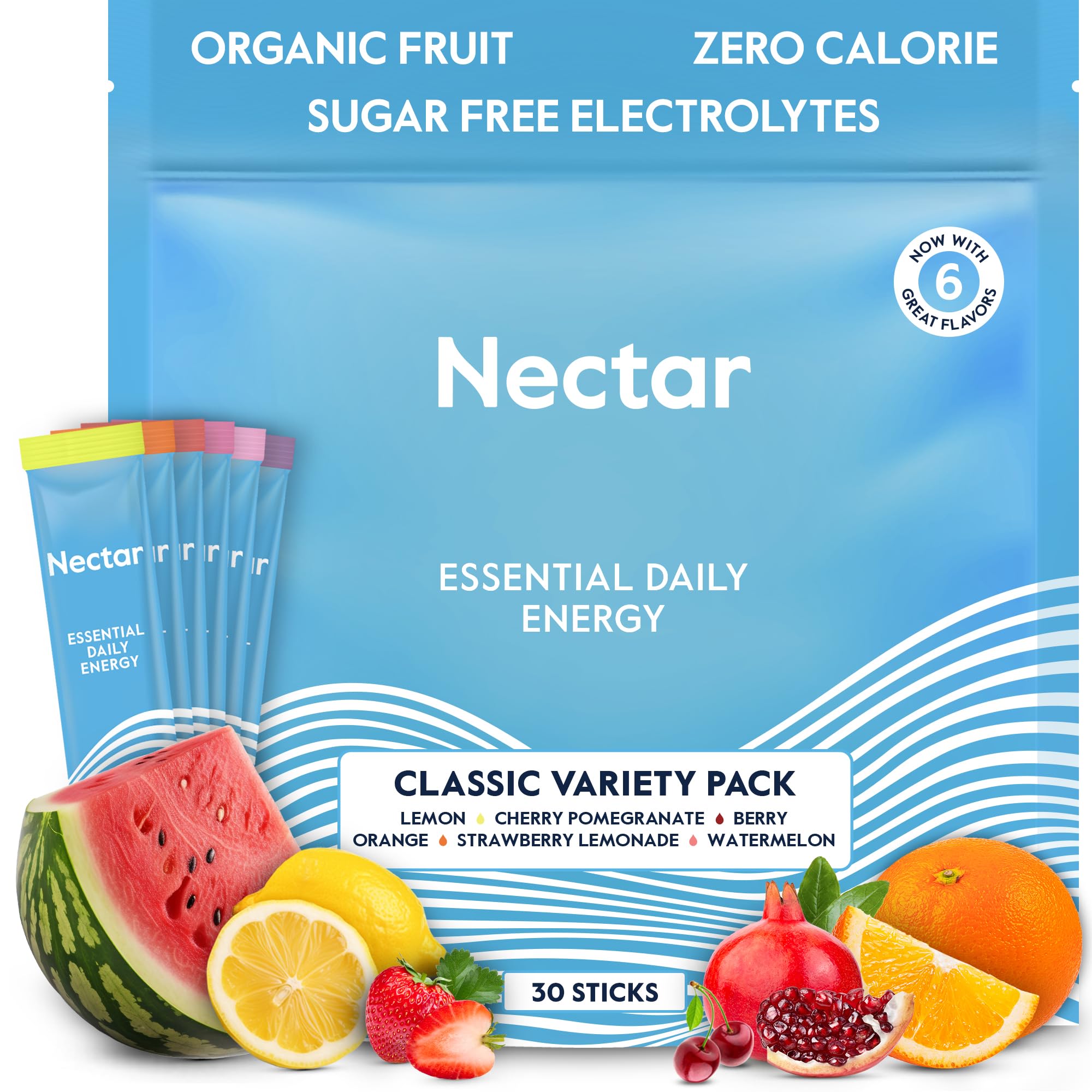 Nectar frente del empaque mostrando 30 sobres y beneficios clave