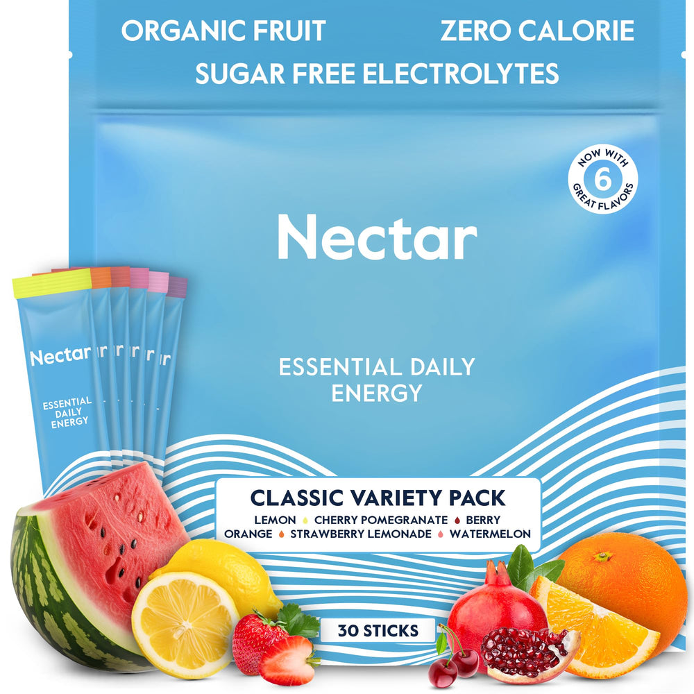 Nectar frente del empaque mostrando 30 sobres y beneficios clave