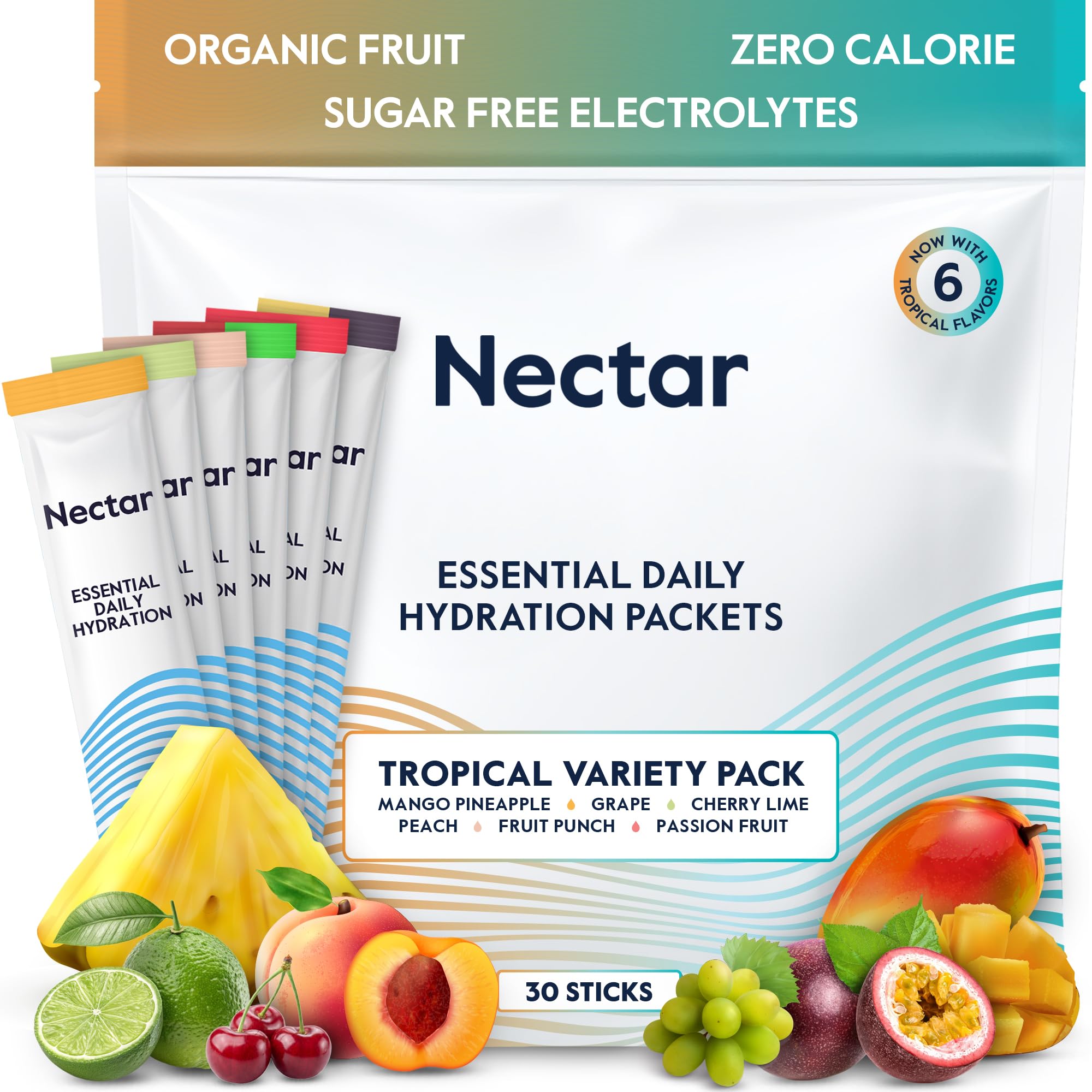 Nectar sobre frontal tropical muestra empaque y beneficio de rehidratación rápida