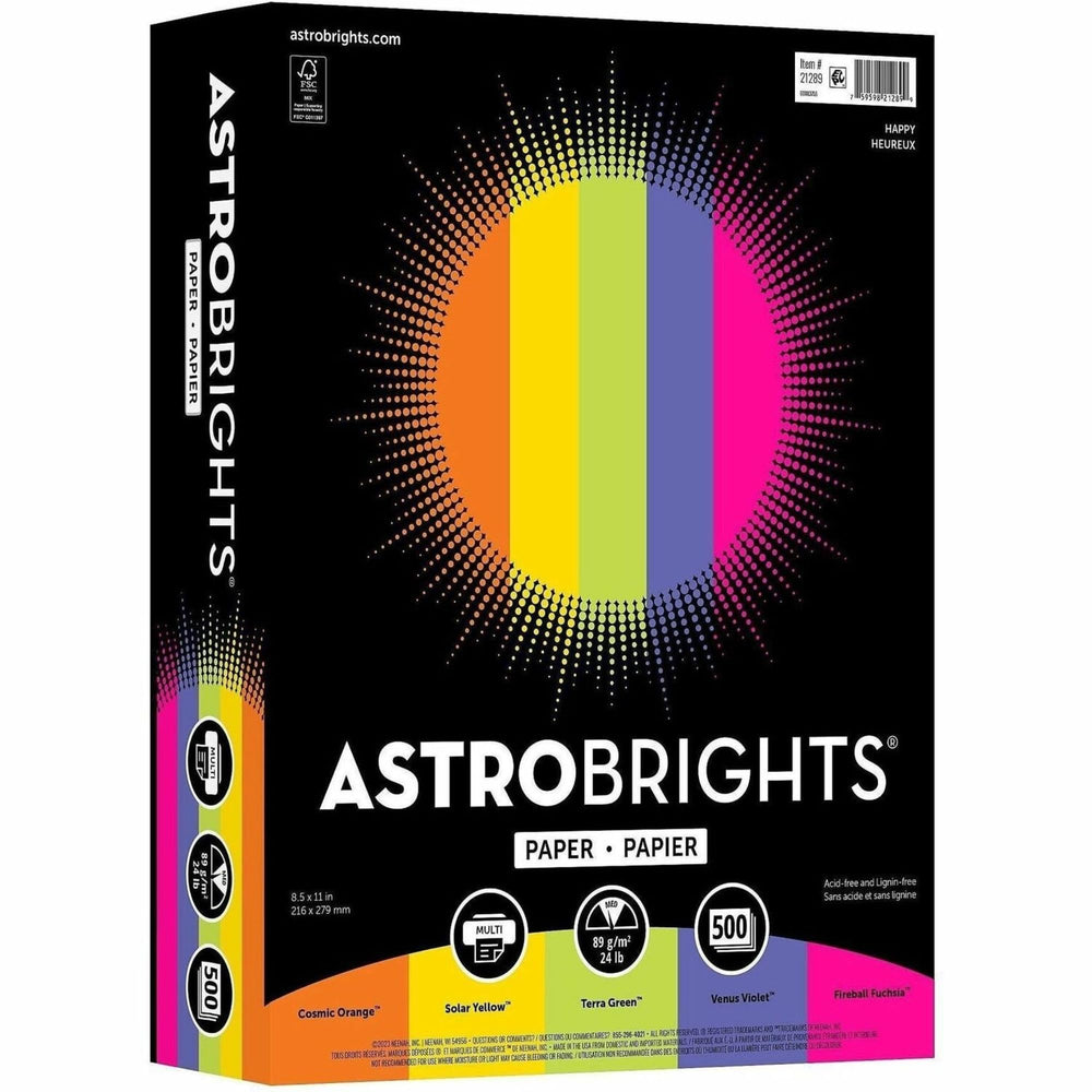 Neenah Astrobrights hoja junto a regla para comparar tamaño carta