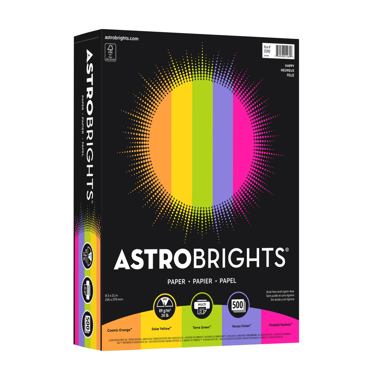 Neenah Astrobrights frente del paquete mostrando colores brillantes y cantidad