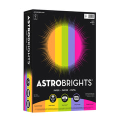 Neenah Astrobrights frente del paquete mostrando colores brillantes y cantidad