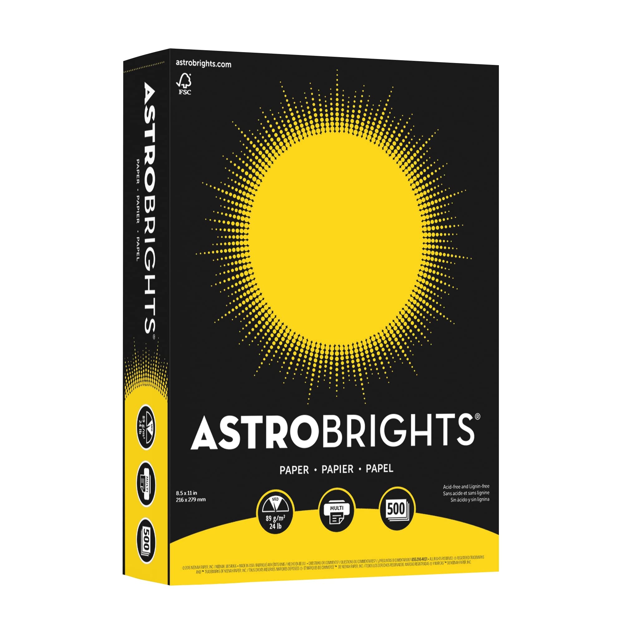 Neenah Astrobrights frente del paquete mostrando color solar yellow y cantidad
