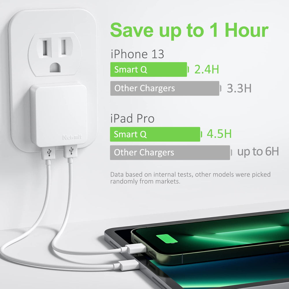 Nekmit puertos duales USB mostrando carga simultánea eficiente