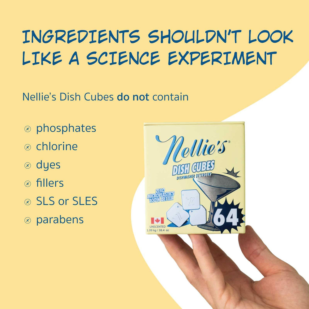 Nellie's cubos en ciclo de lavavajillas mostrando eficacia en suciedad