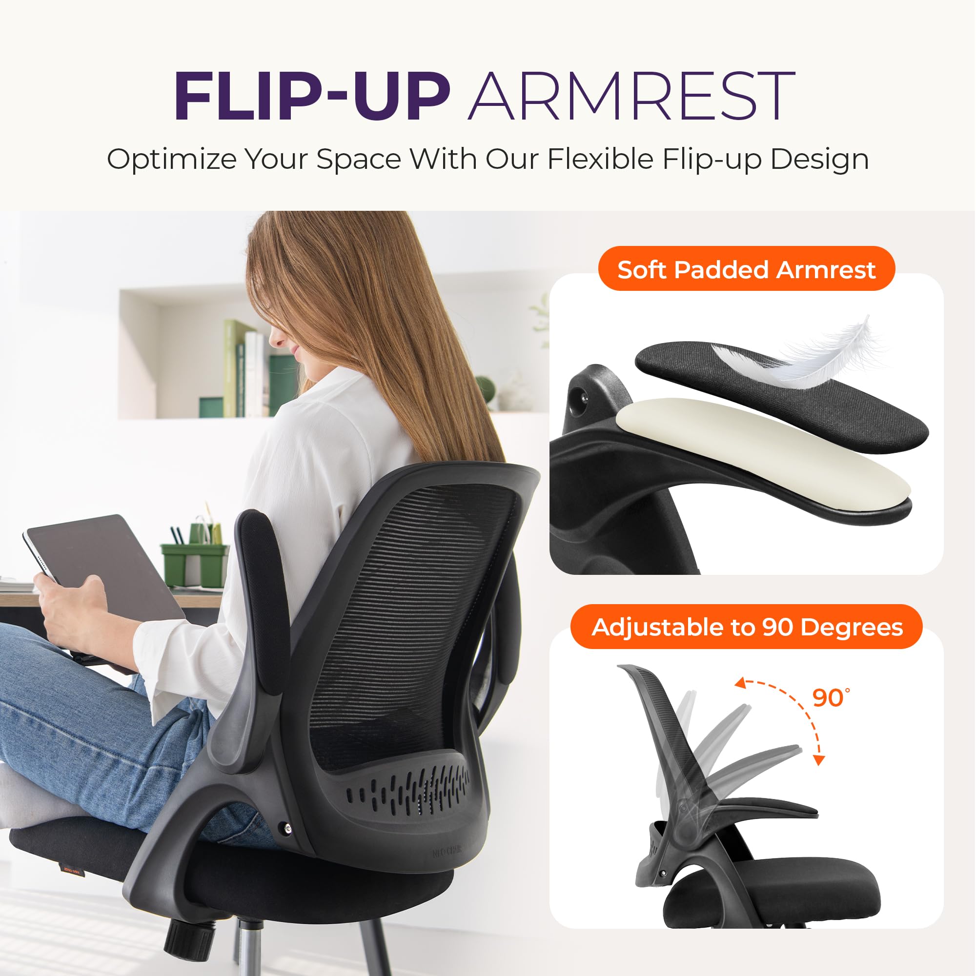 NEO CHAIR comparación de tamaño junto a una mesa para escala visual