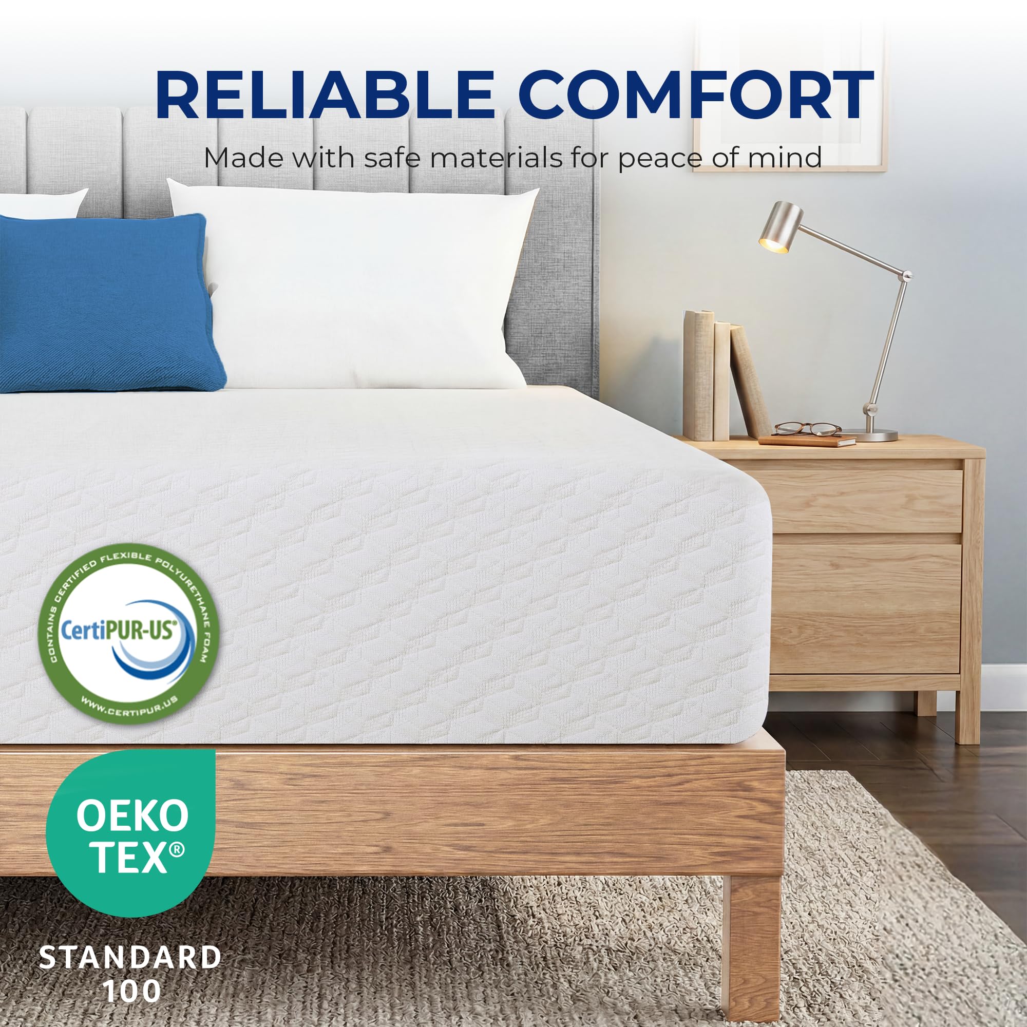 Neo Sleep etiqueta con certificaciones CertiPUR-US y OEKO-TEX, materiales seguros
