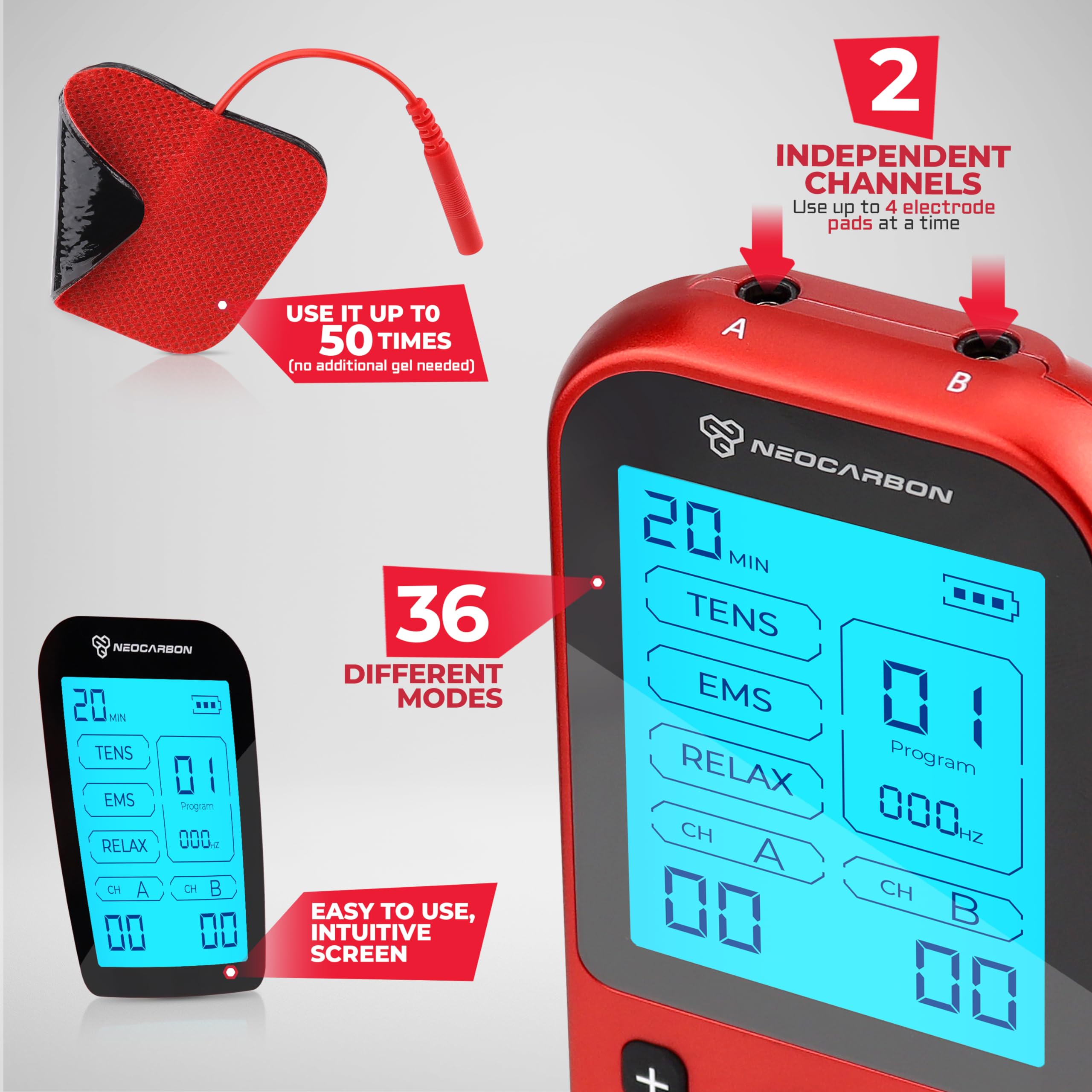 Neocarbon accesorios del kit mostrando electrodos, cables y manual incluidos