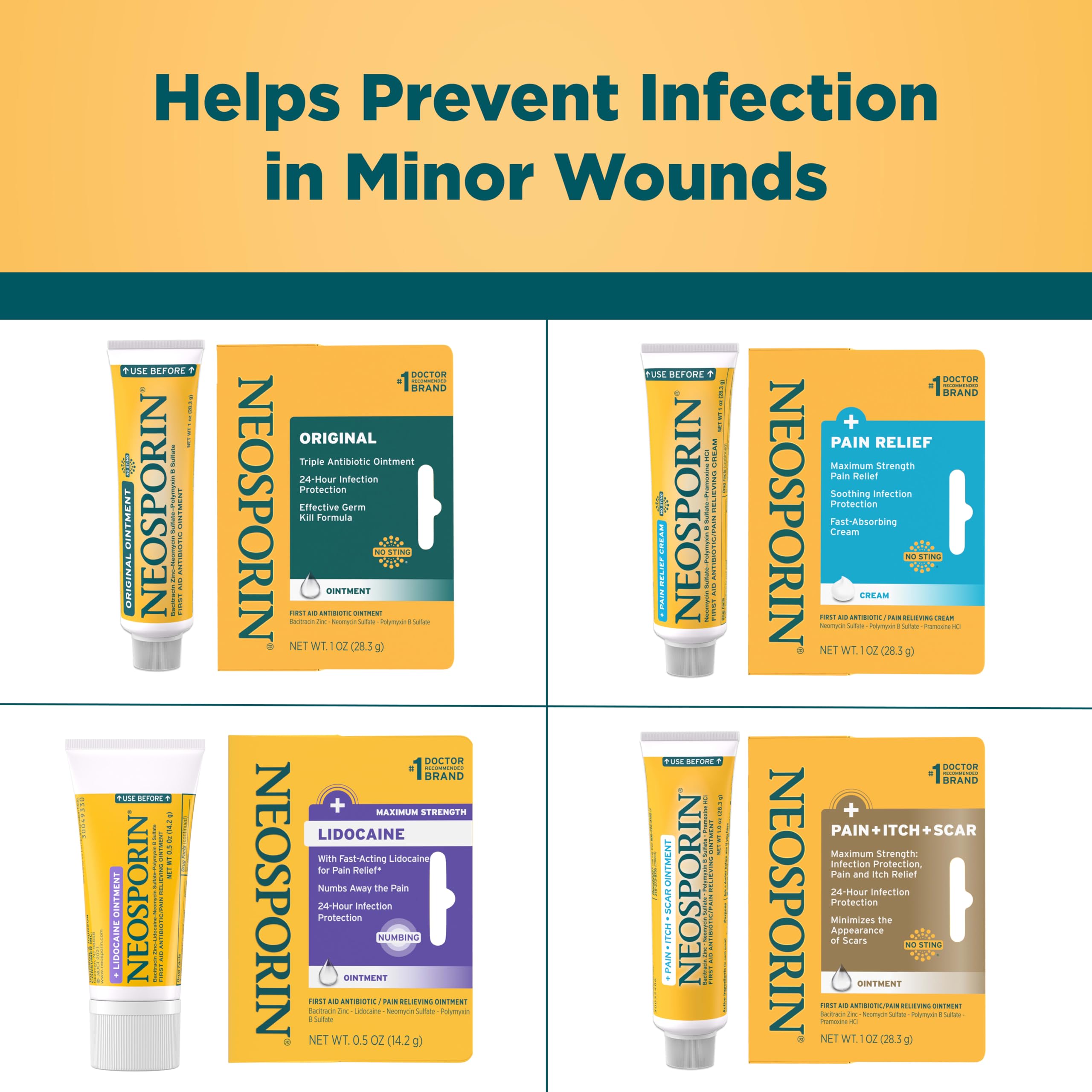 Neosporin etiqueta con ingredientes activos neomicina y polimixina B claros