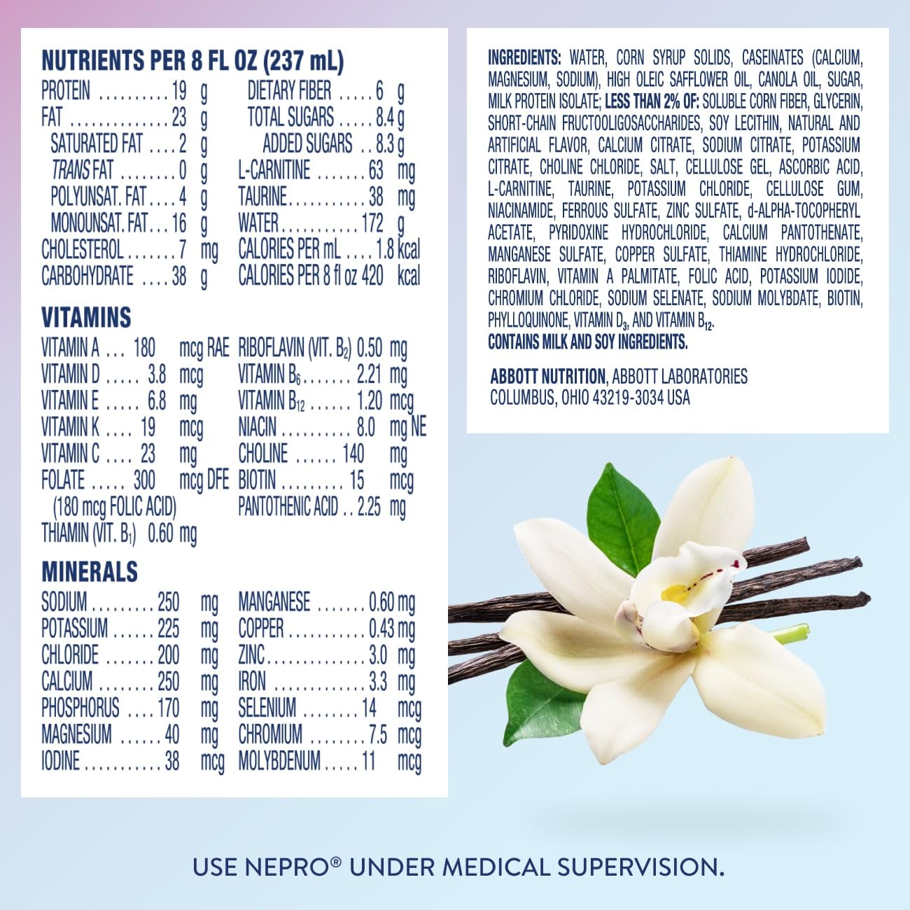 Etiqueta de Nepro con lista de ingredientes y perfil vitamínico
