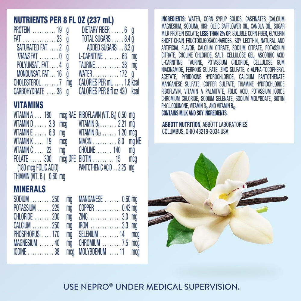 Etiqueta de Nepro con lista de ingredientes y perfil vitamínico