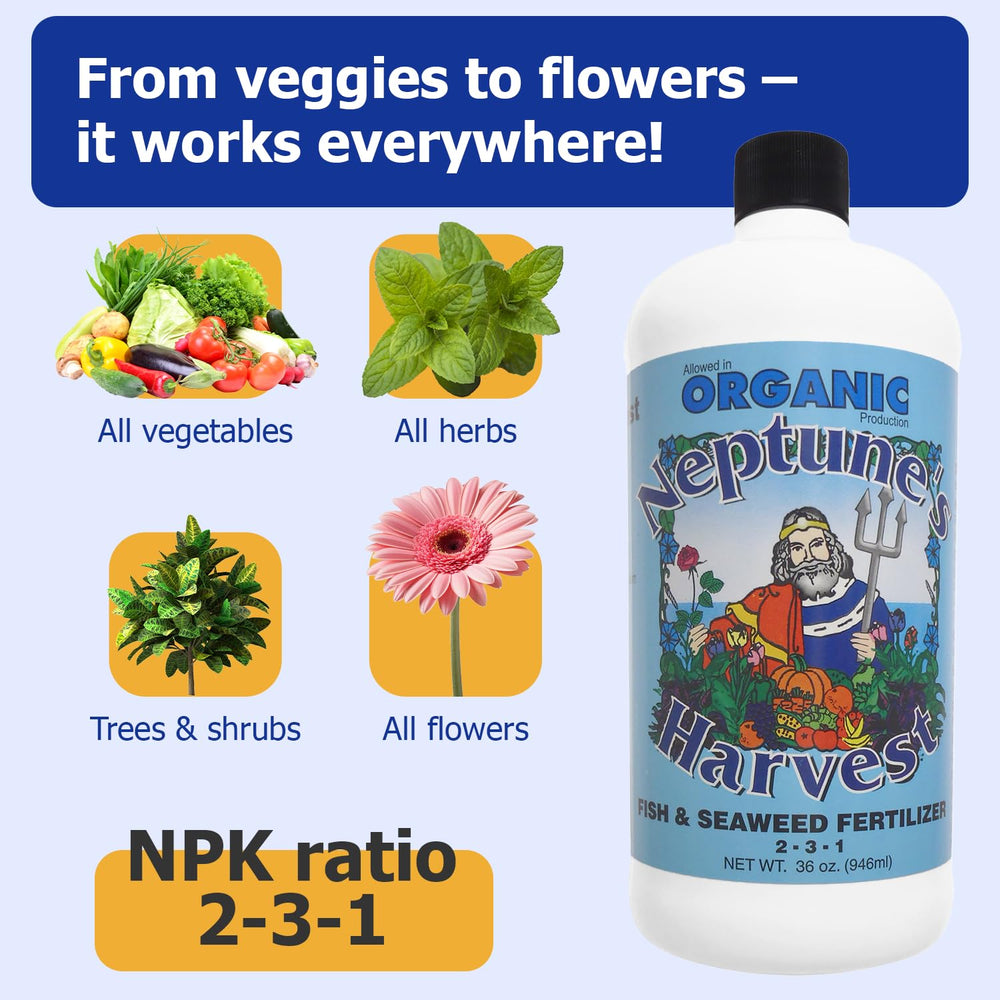 Neptune's Harvest bottle staged with healthy garden plants showing growth boost