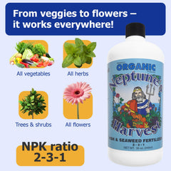 Neptune's Harvest bottle staged with healthy garden plants showing growth boost