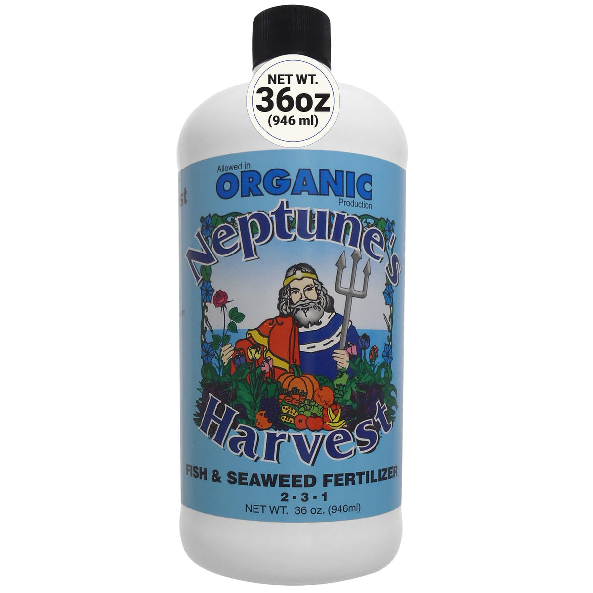 Neptune's Harvest front label showing 36oz bottle and organic benefits