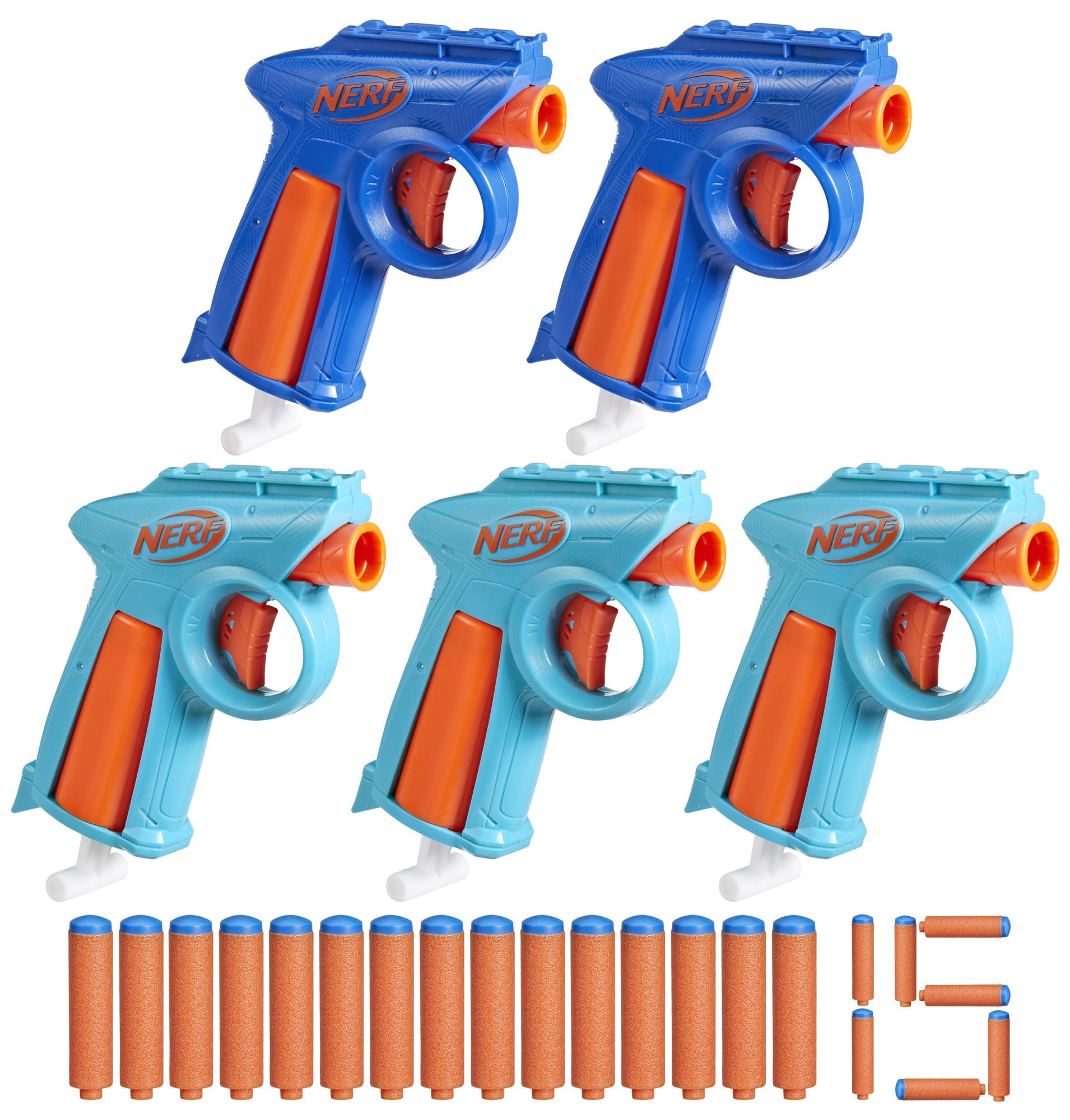 Hasbro Nerf frontal del pack mostrando los cinco blasters y dardos