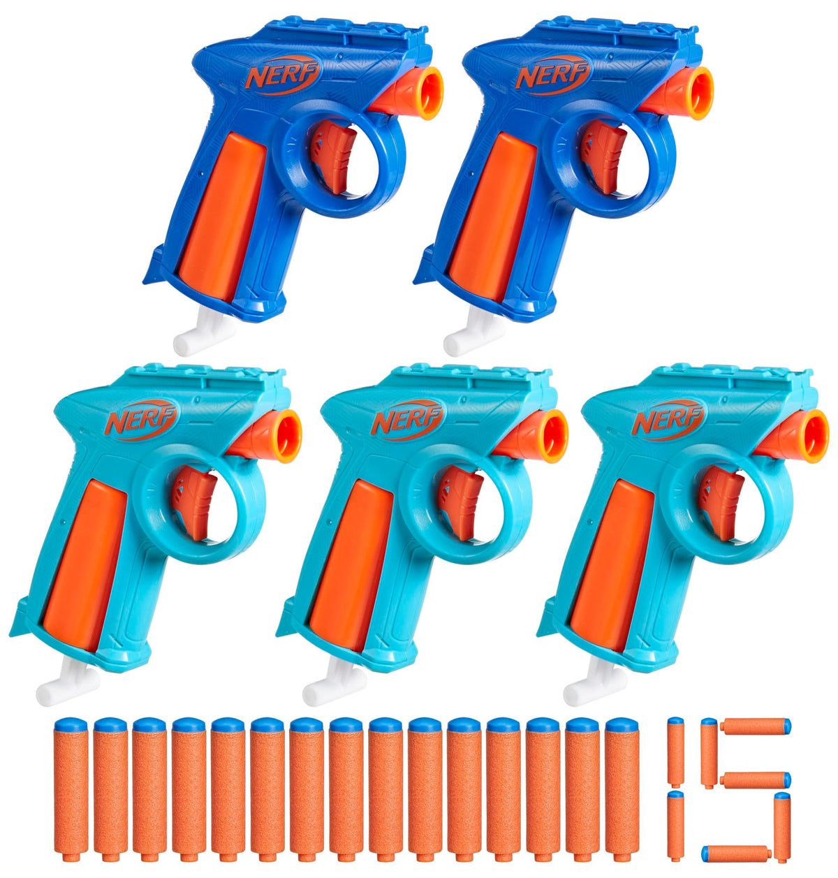 Hasbro Nerf frontal del pack mostrando los cinco blasters y dardos