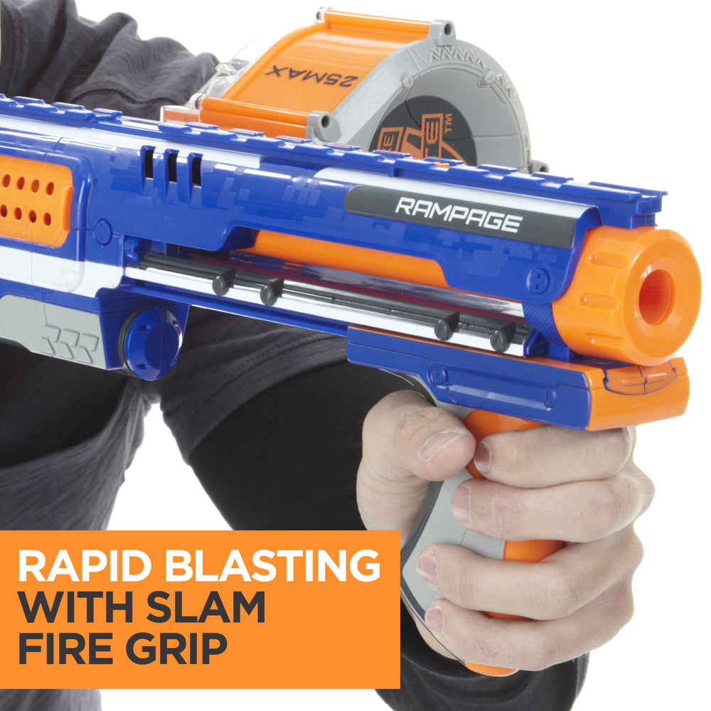 Nerf Rampage detalle del asa slam-fire que permite ráfagas continuas