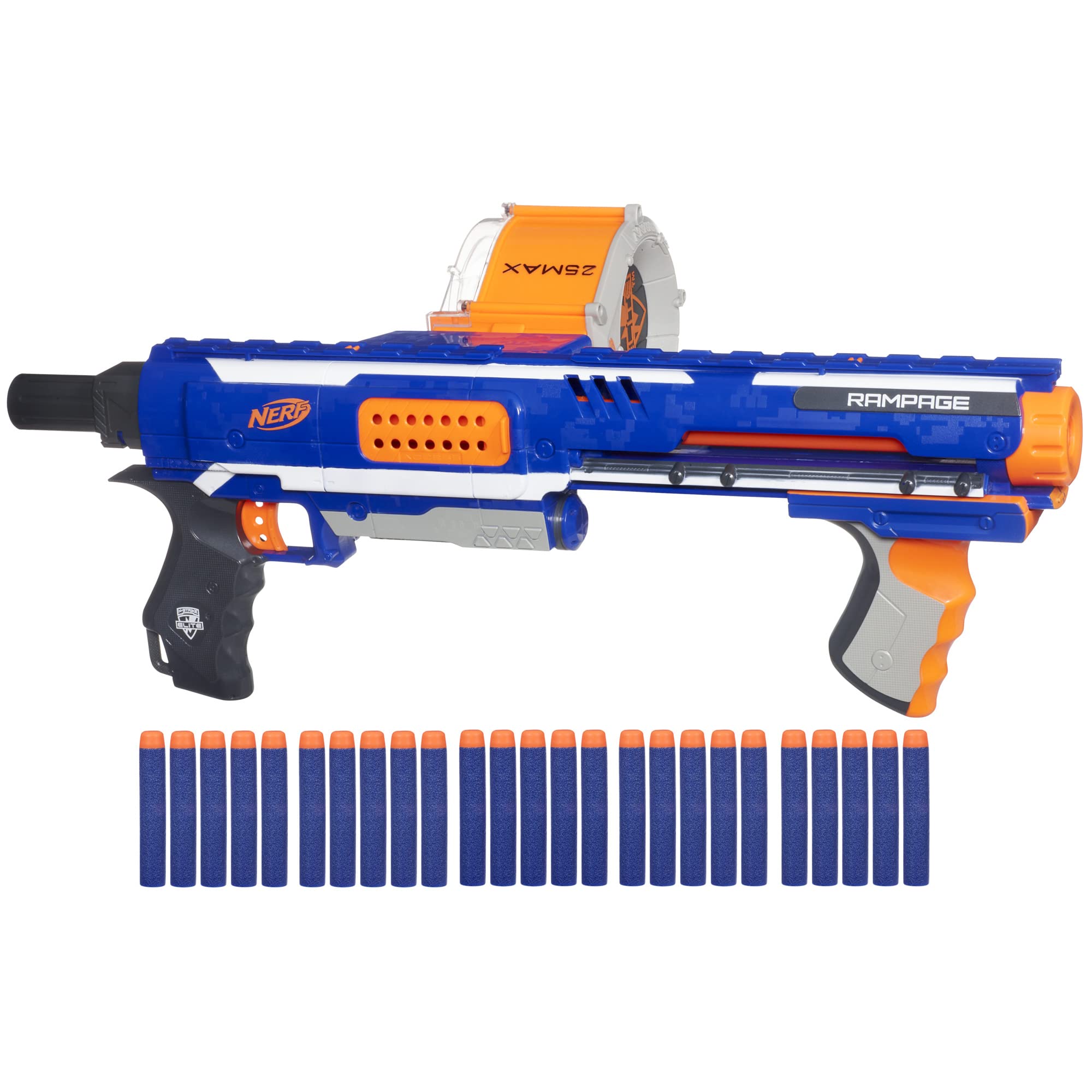 Nerf Rampage vista frontal mostrando diseño y agarre para mayor control