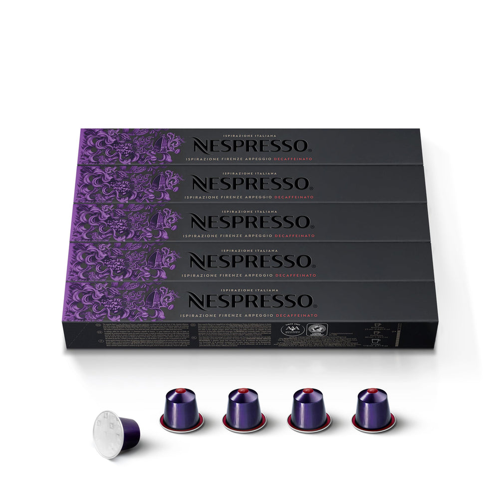 Nespresso Arpeggio Decaffeinato frente del empaque mostrando 50 cápsulas y beneficio claridad