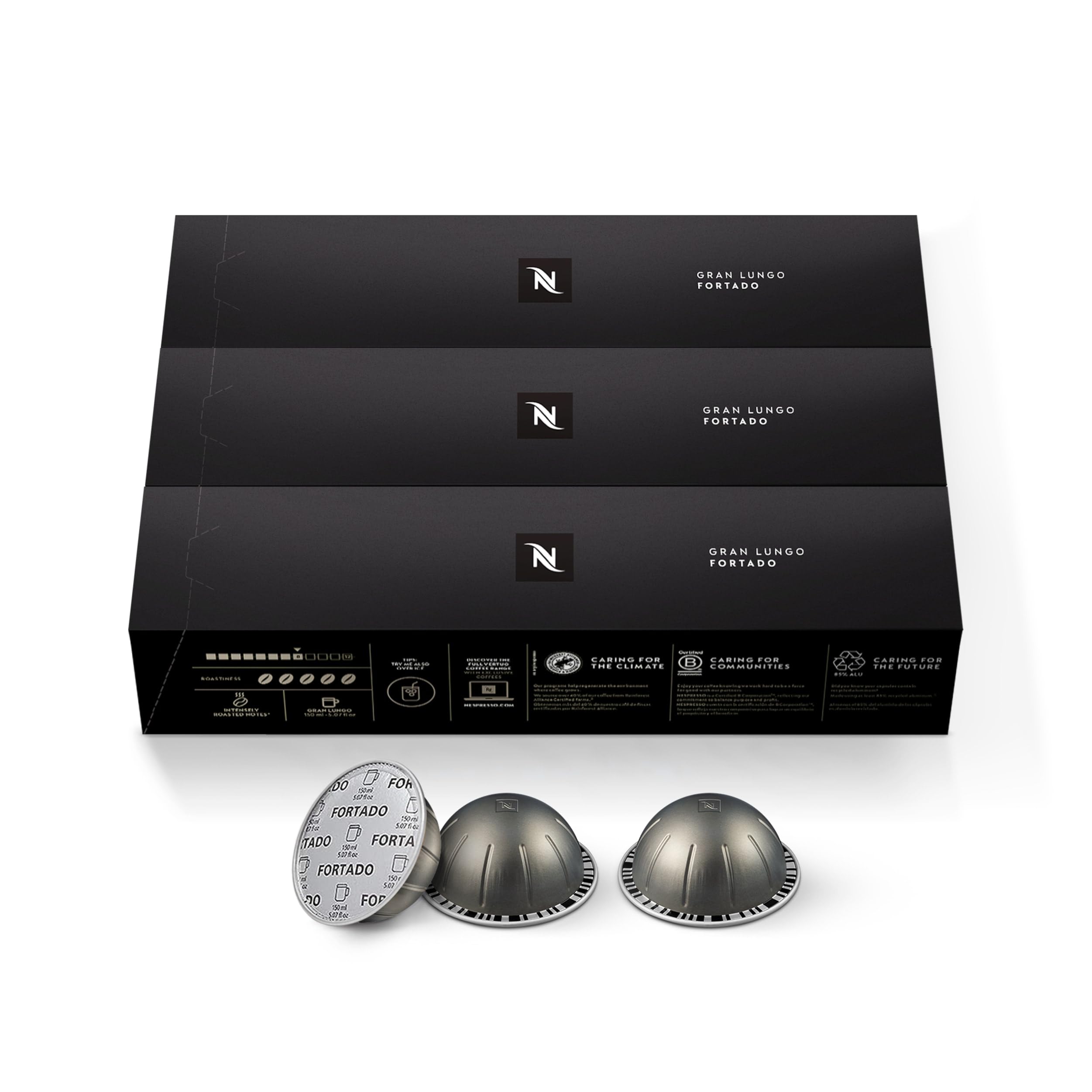 Nespresso Fortado cápsula en primer plano resaltando textura y diseño, detalle útil