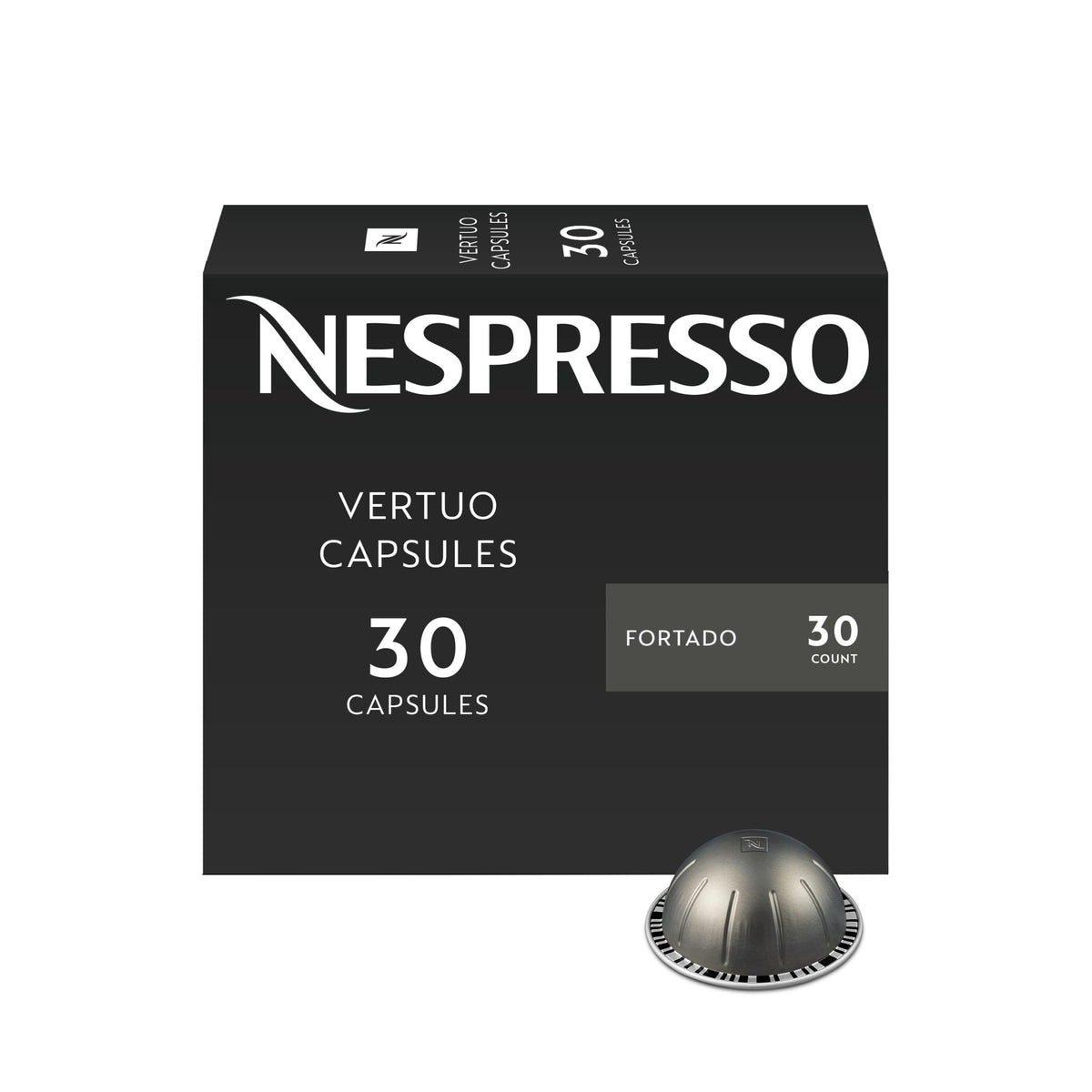 Nespresso Fortado frontal del paquete mostrando la caja y la marca, atractivo visual