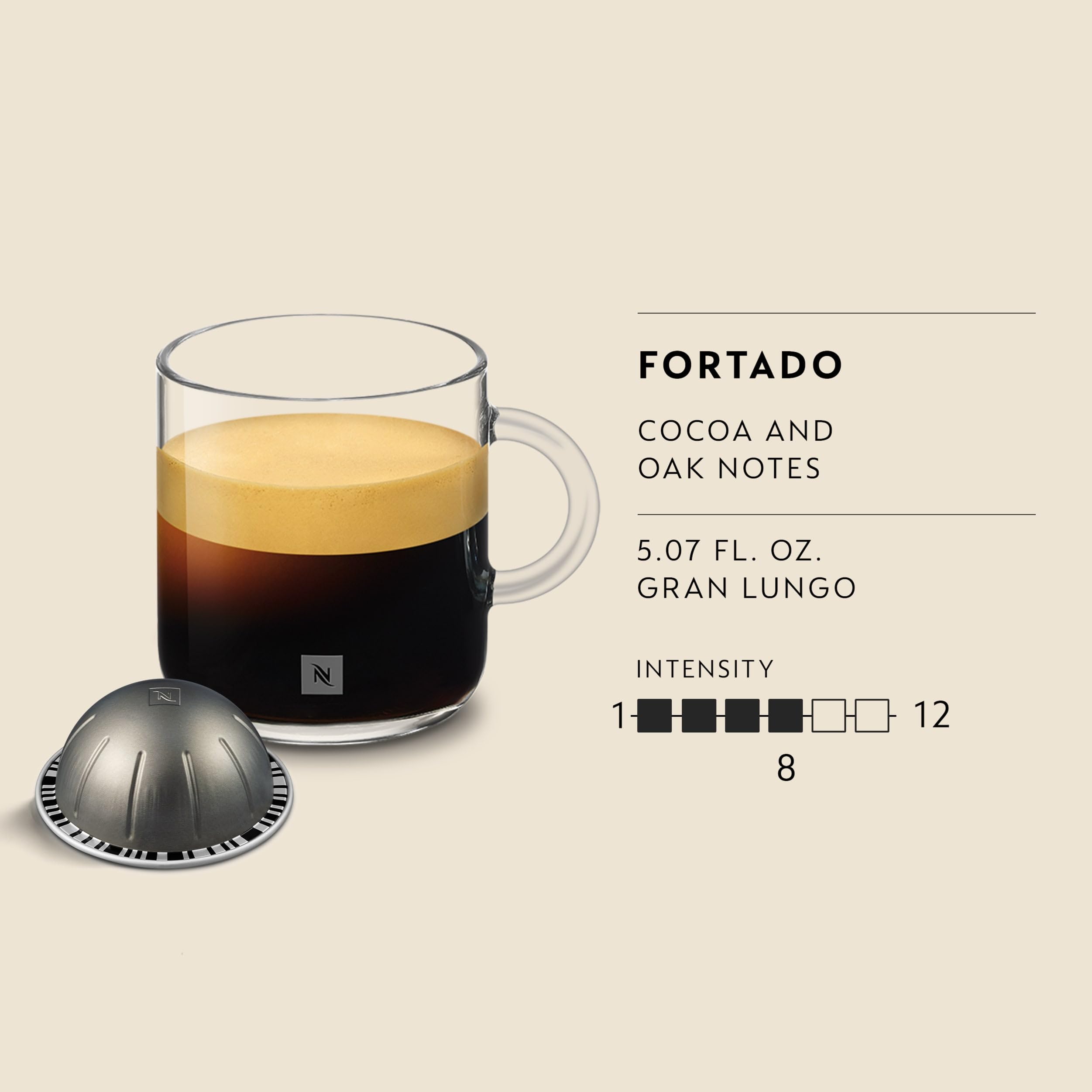 Nespresso Fortado servido en taza Gran Lungo 150 ml mostrando crema densa y color