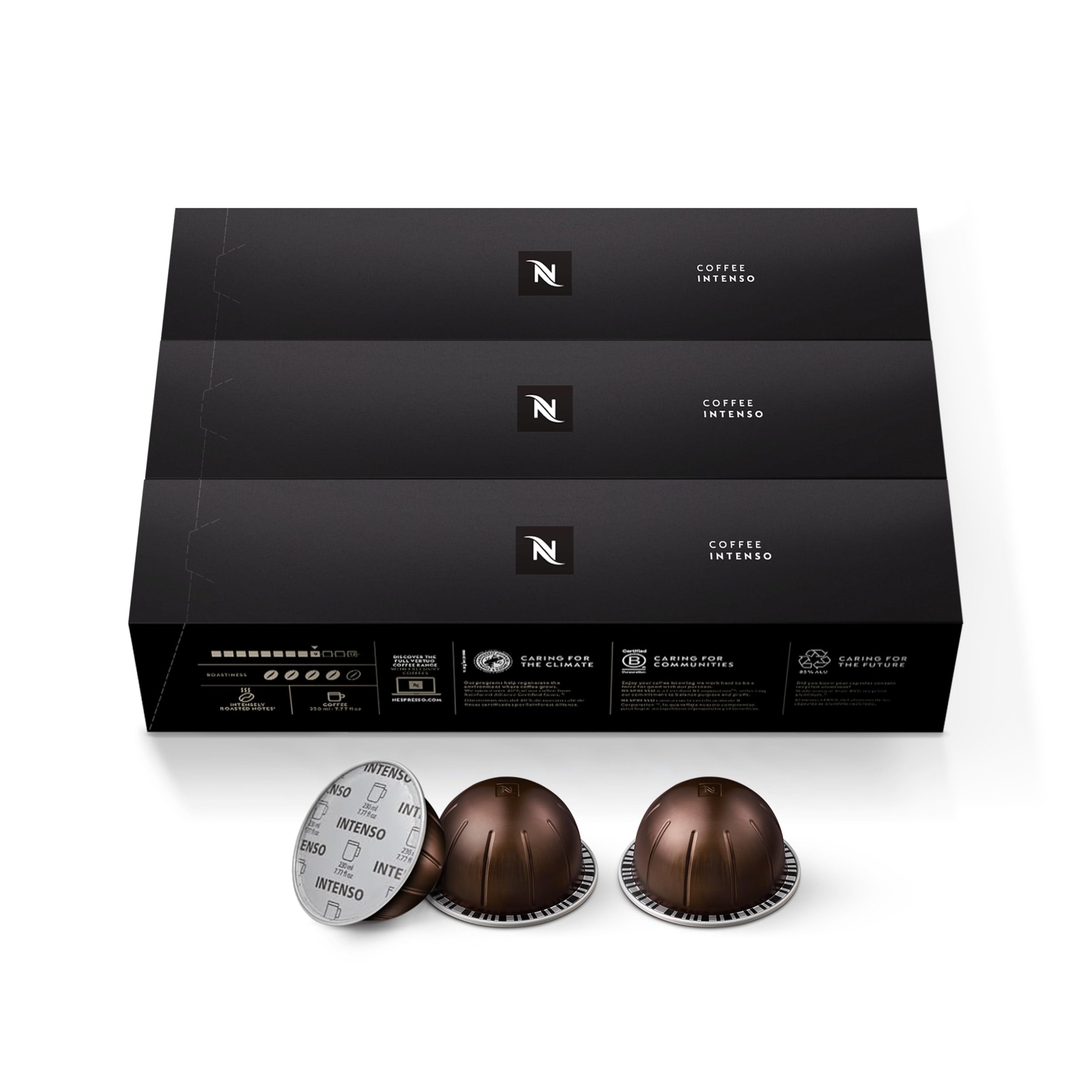 Detalle de cápsula Nespresso Intenso en metal, resaltando cierre hermético para aroma